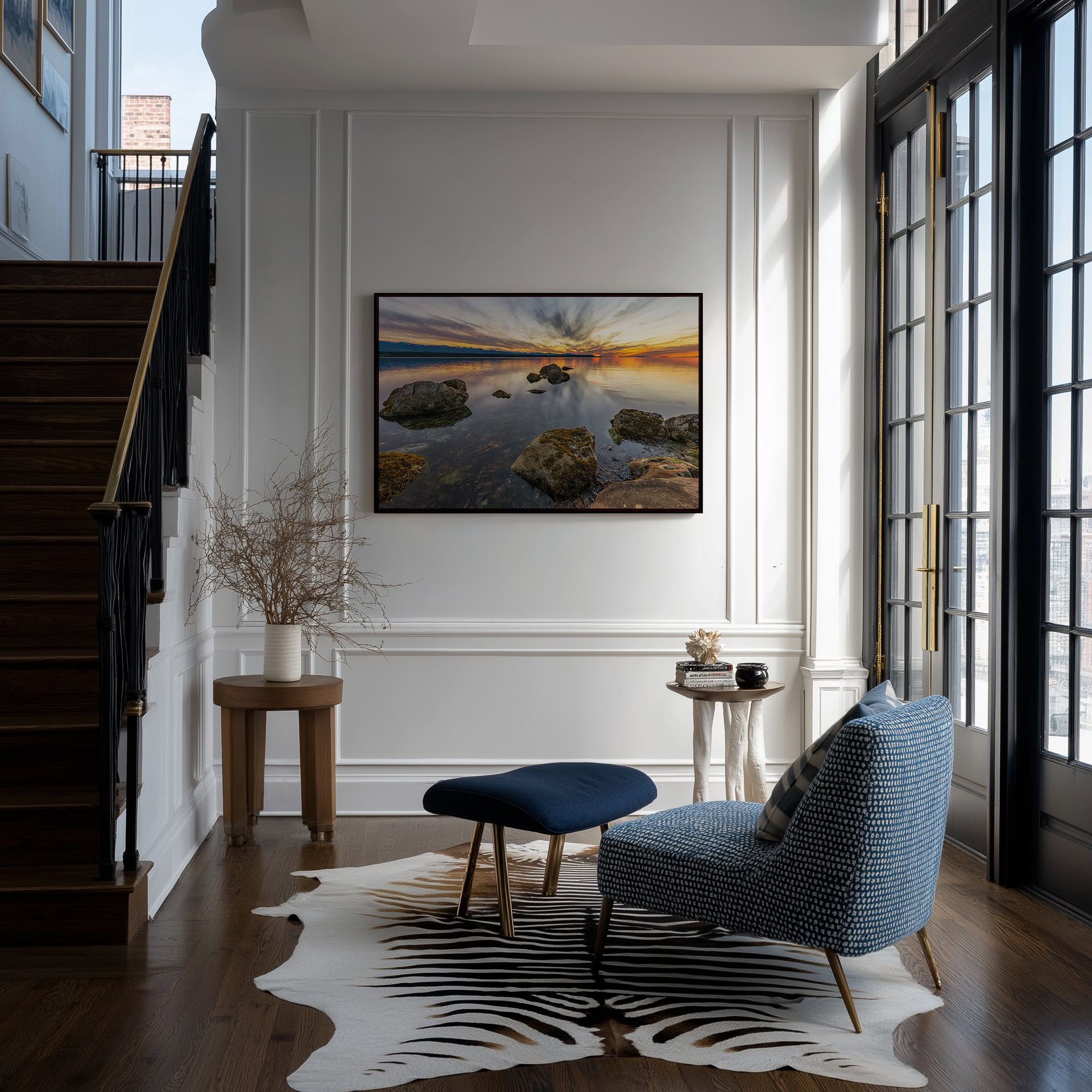 Hornby Island Evening Reflection print shown on the wall in an entryway.