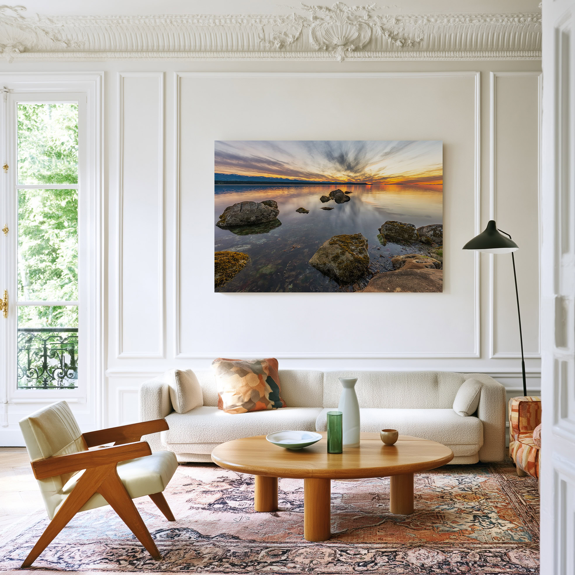 Hornby Island Evening Reflection print shown on the wall in a living room.