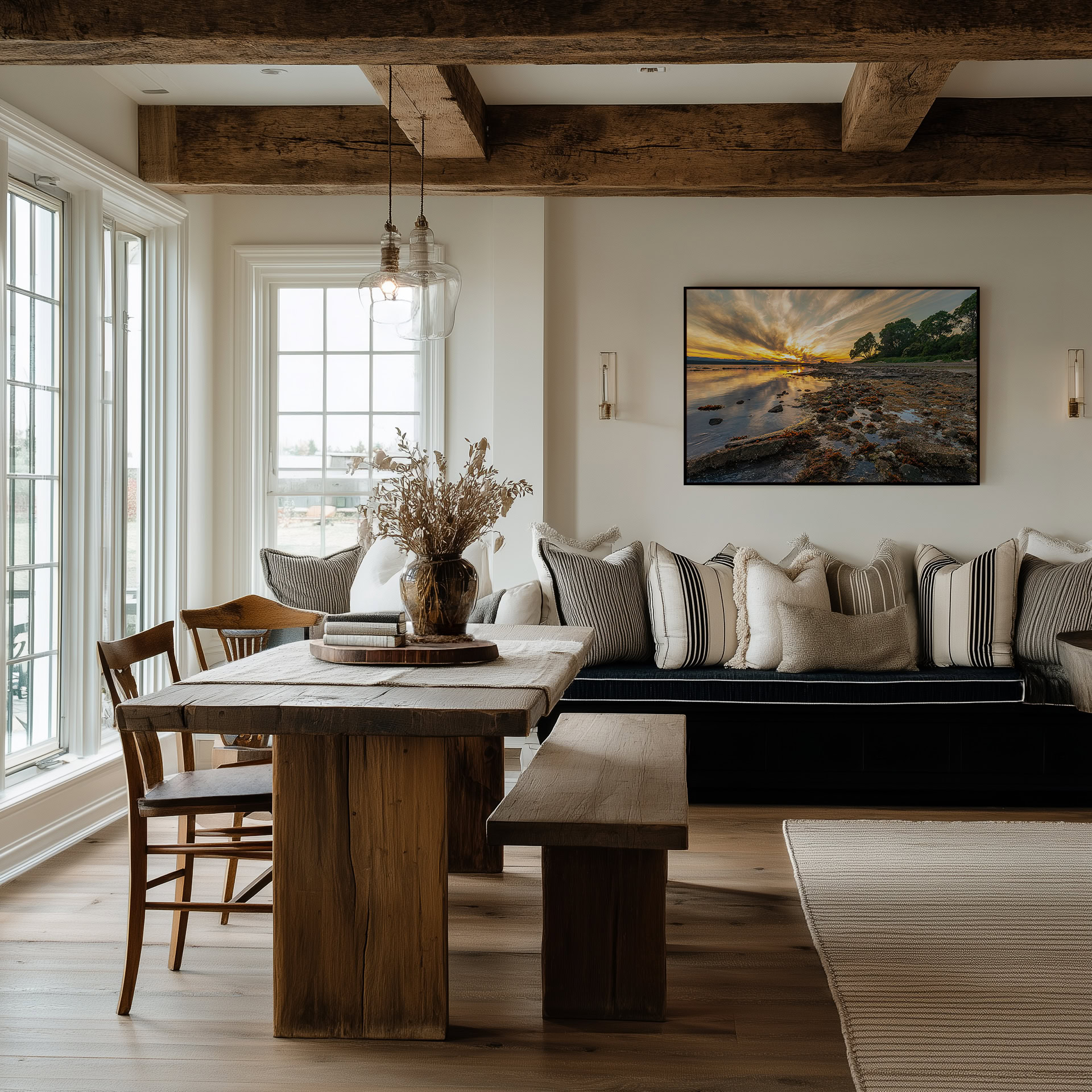 Hornby Island Low Tide at Sunset print shown on the wall in a dining room.