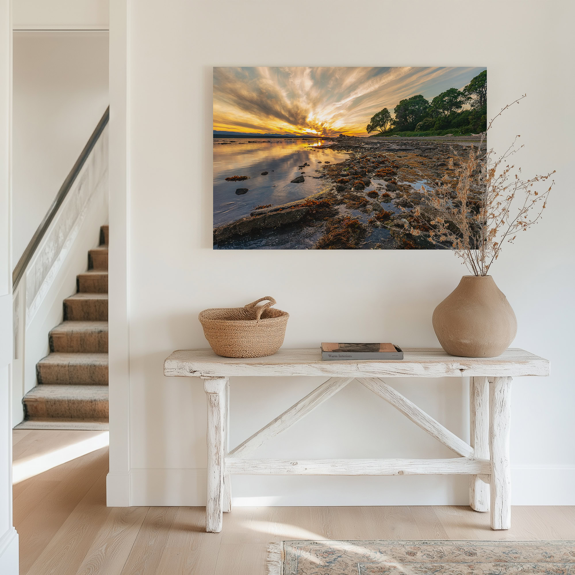 Hornby Island Low Tide at Sunset print shown on the wall in an entryway.