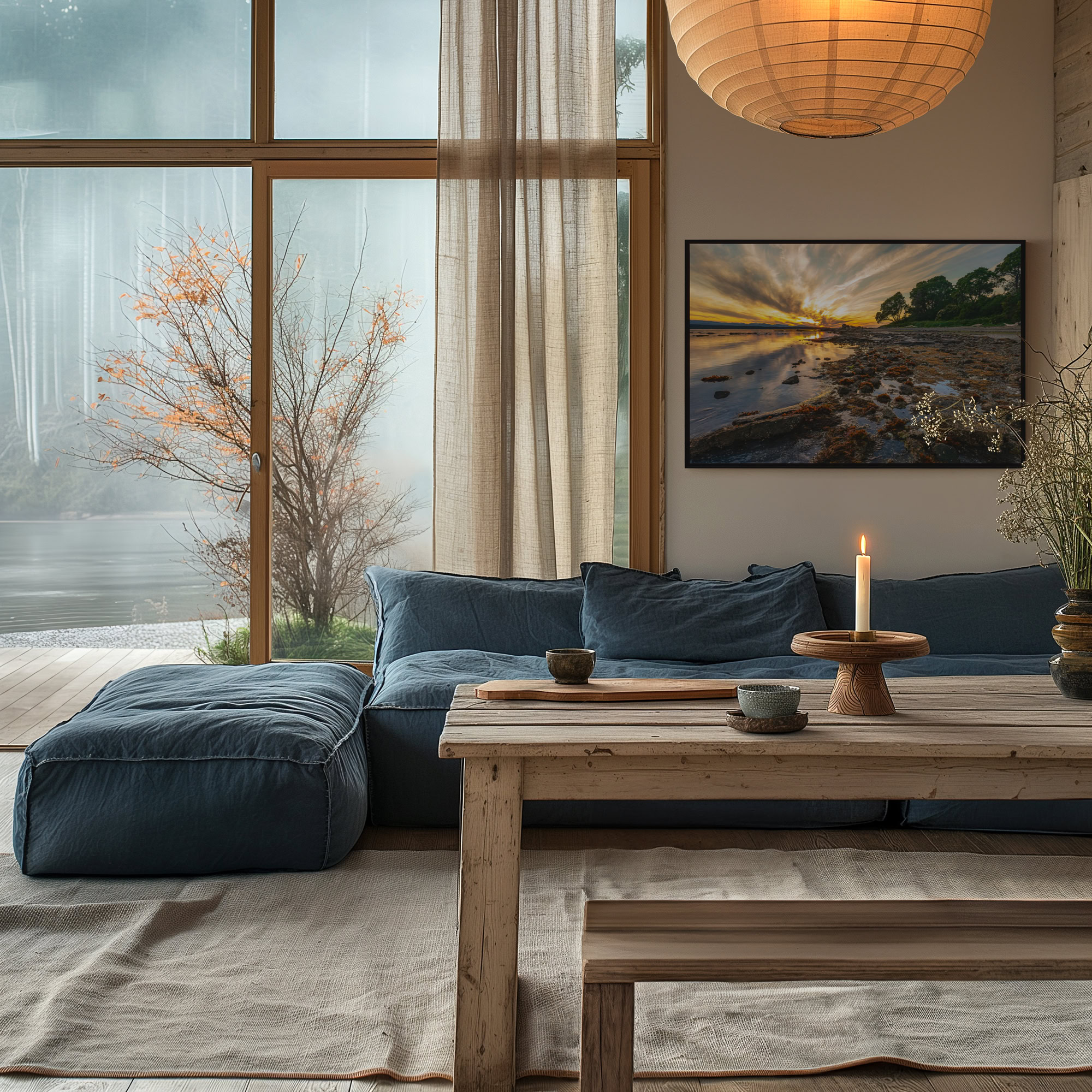 Hornby Island Low Tide at Sunset print shown on the wall in a living room.