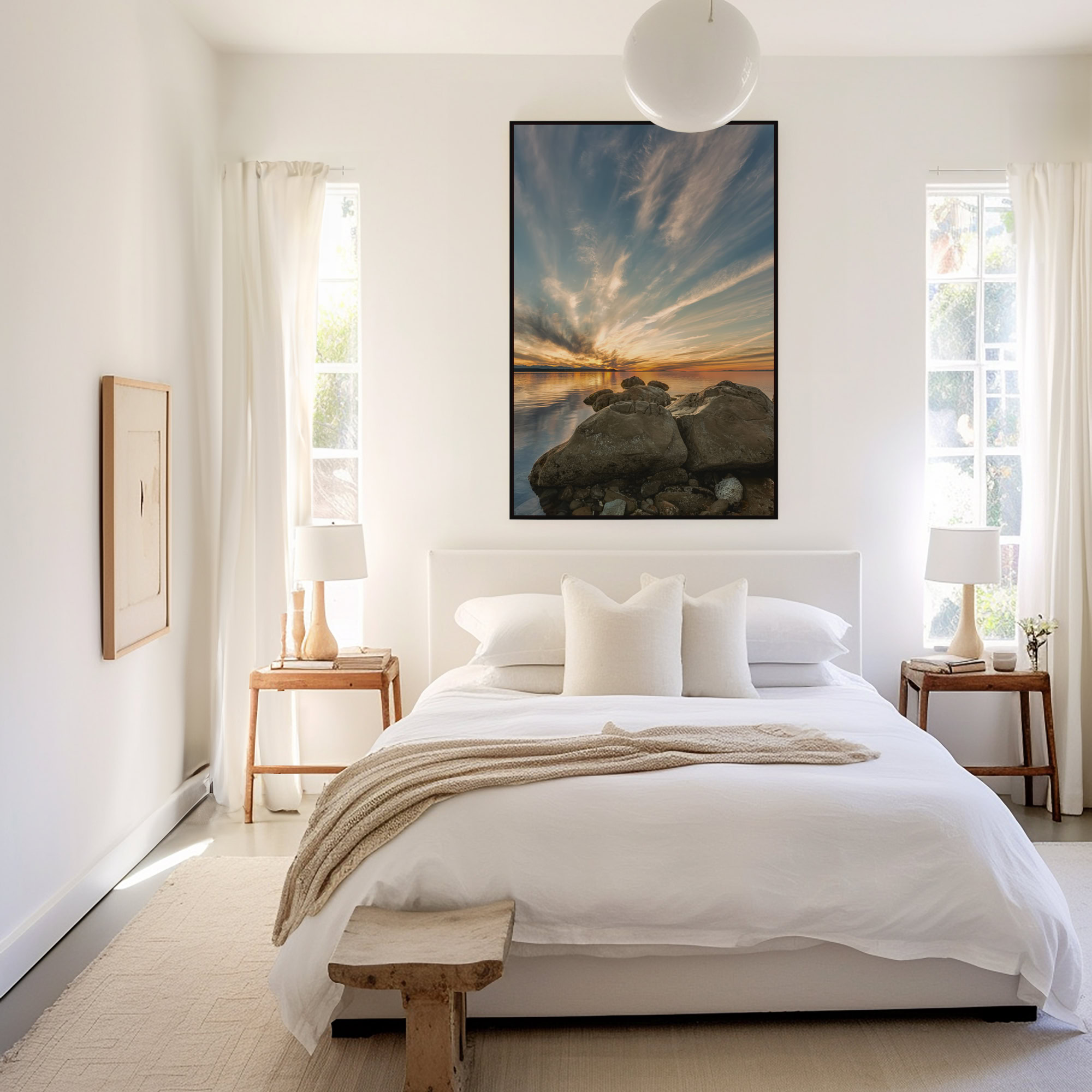Hornby Island Solstice Sky print shown on the wall in a bedroom.