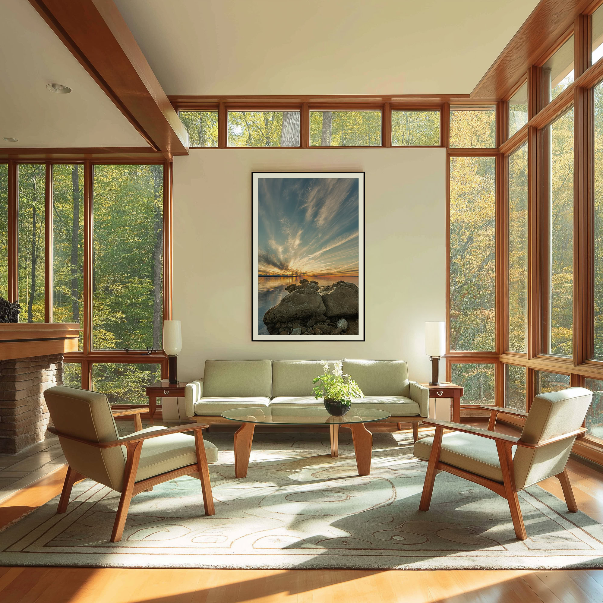 Hornby Island Solstice Sky print shown on the wall in a living room.