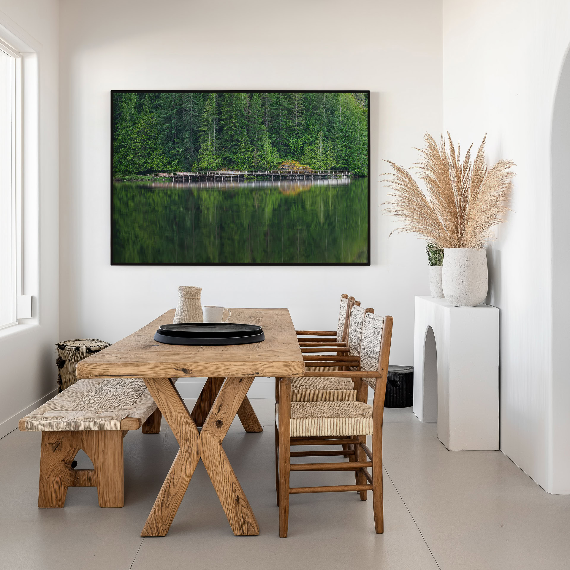 Inland Lake Boardwalk Reflection print shown on the wall in a dining room.