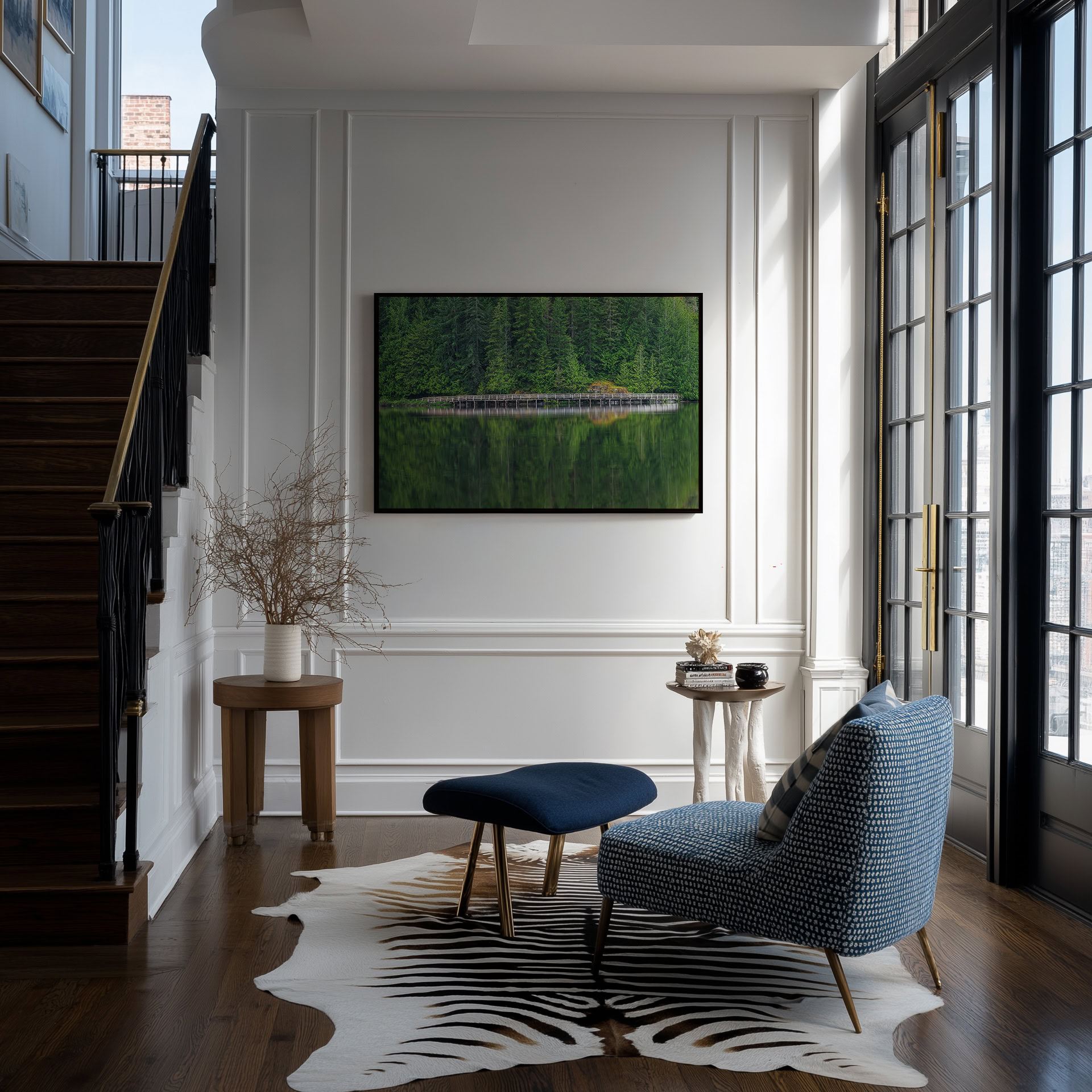 Inland Lake Boardwalk Reflection print shown on the wall in an entryway.