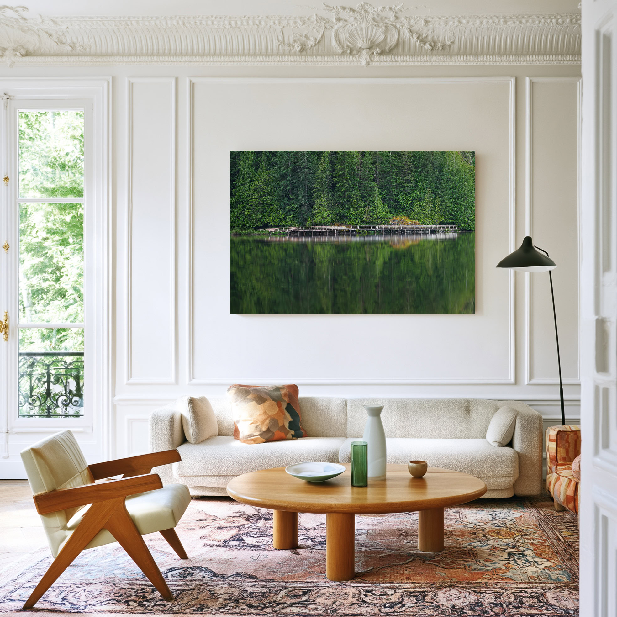 Inland Lake Boardwalk Reflection print shown on the wall in a living room.