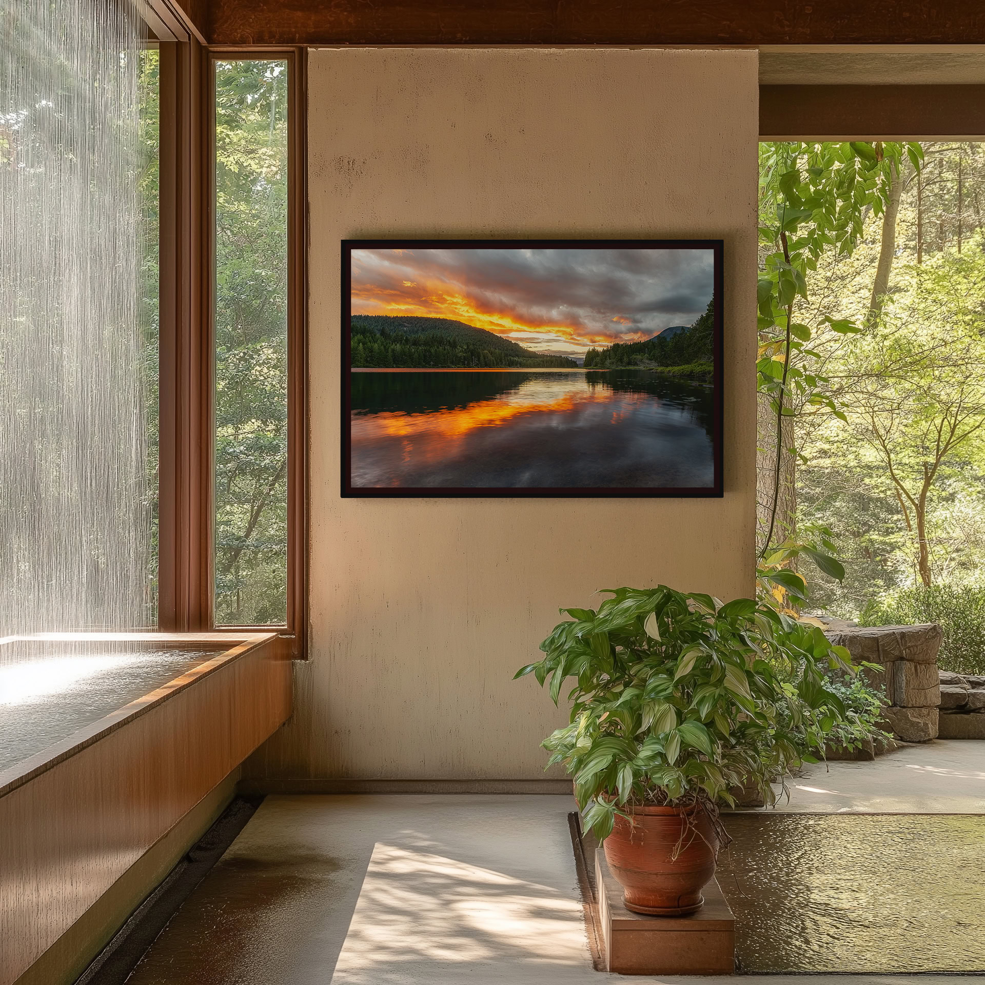 Inland Lake Clouds Catch Fire print shown on the wall in an entryway.