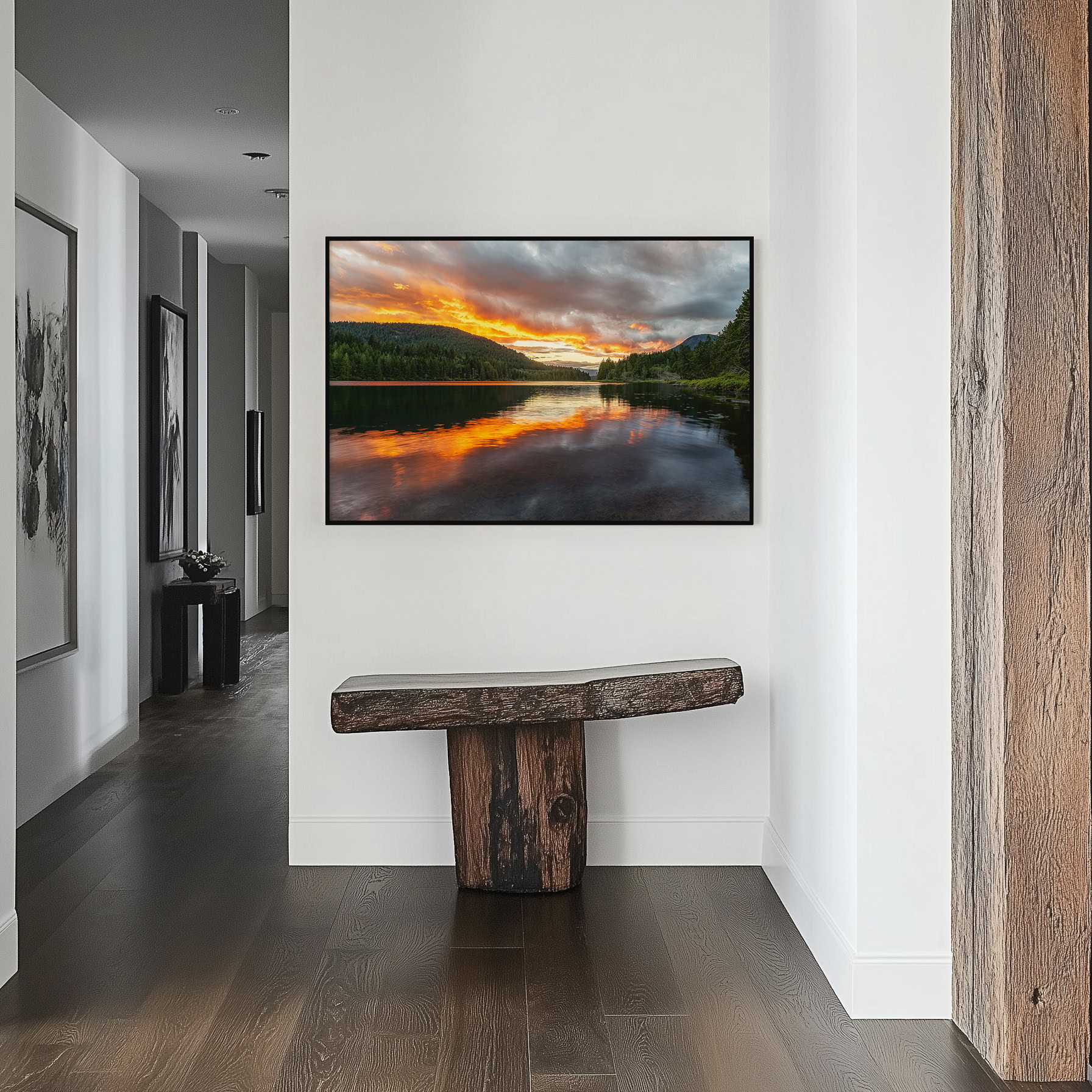 Inland Lake Clouds Catch Fire print shown on the wall in a styled room.