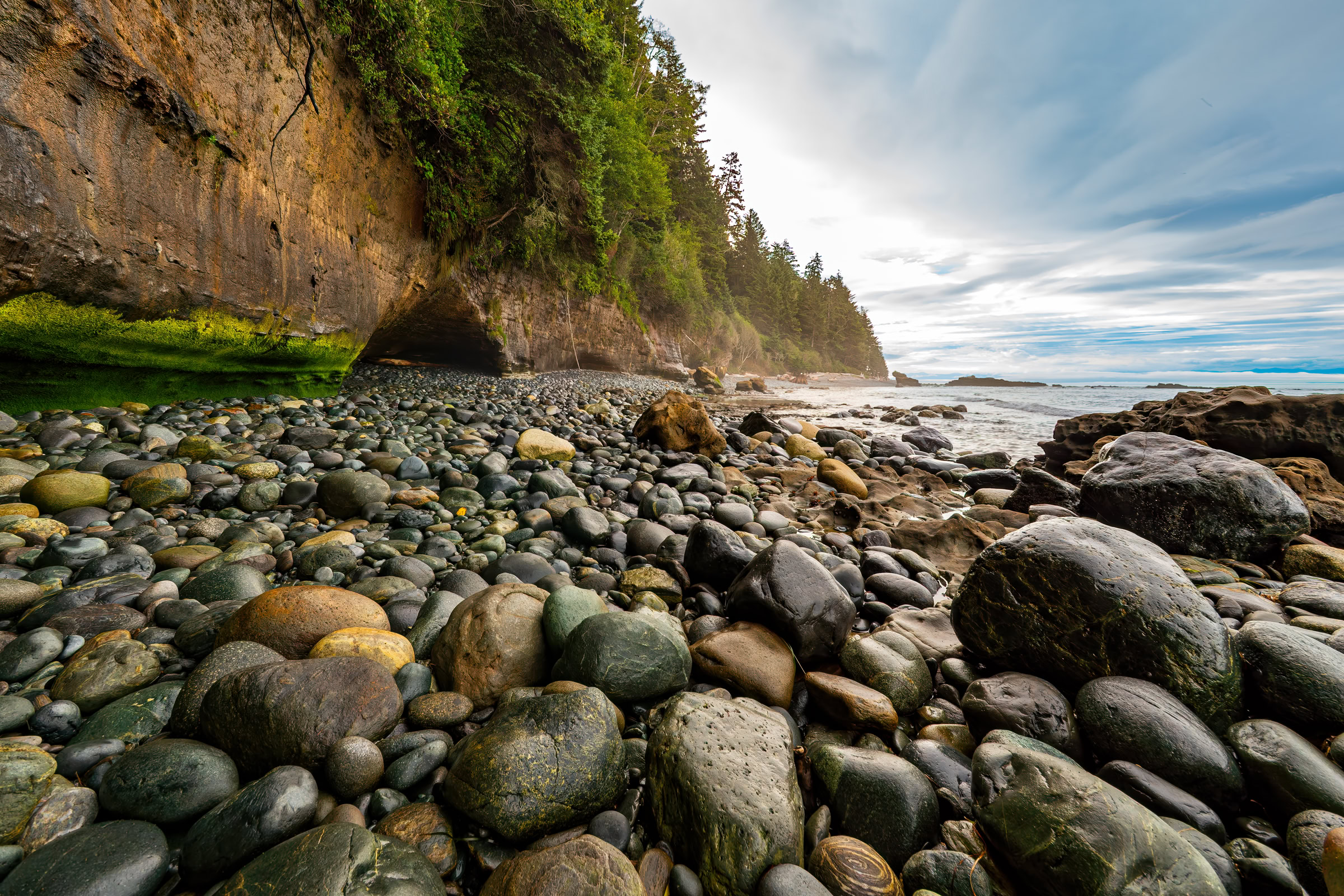 Juan de Fuca Trail wall art showing wet boulders at low tide below the cliffs of Chin Beach, with the forest and sea beyond, near Port Renfrew, BC, by James Wheeler.