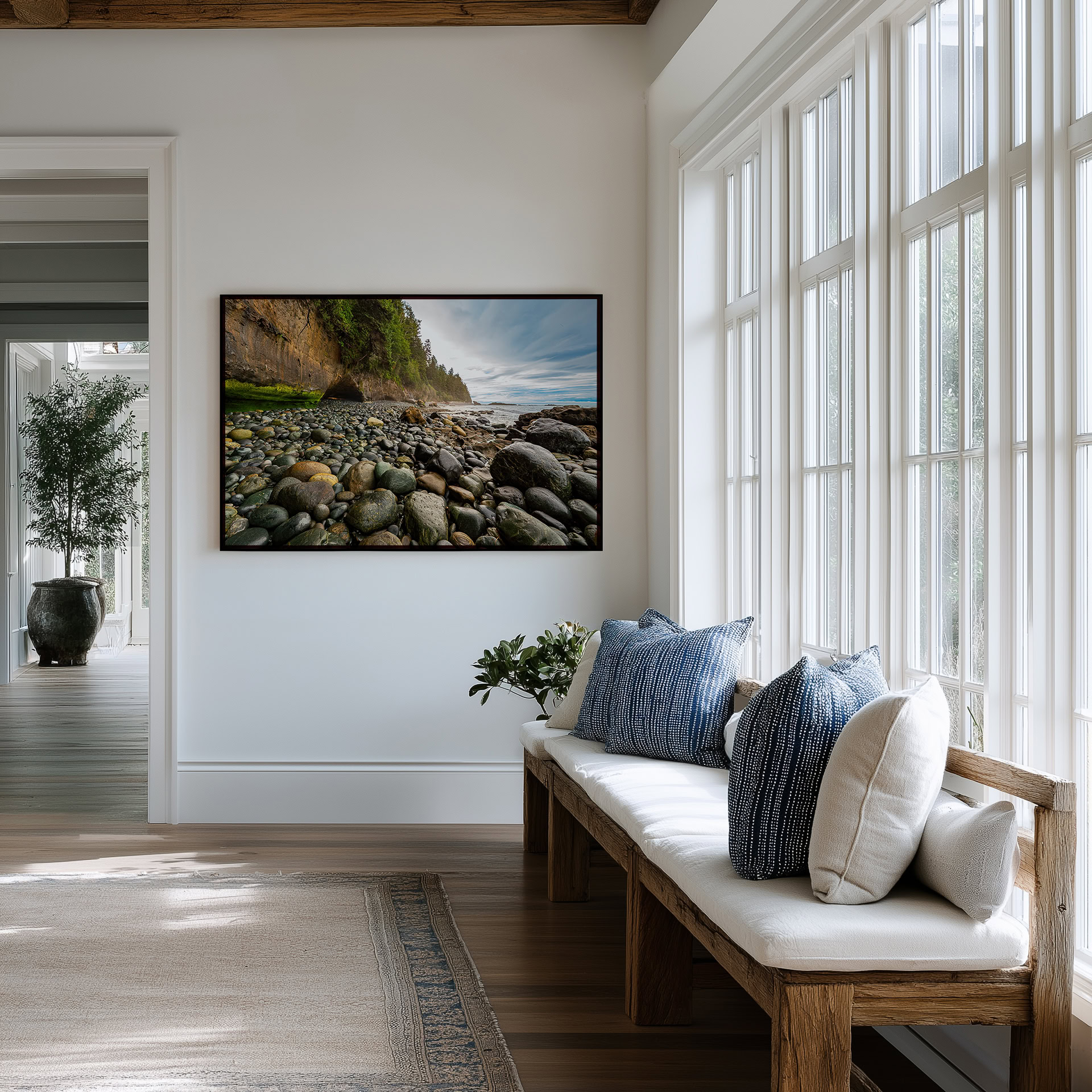 Juan de Fuca Trail Cliffs at Chin Beach print shown on the wall in an entryway.