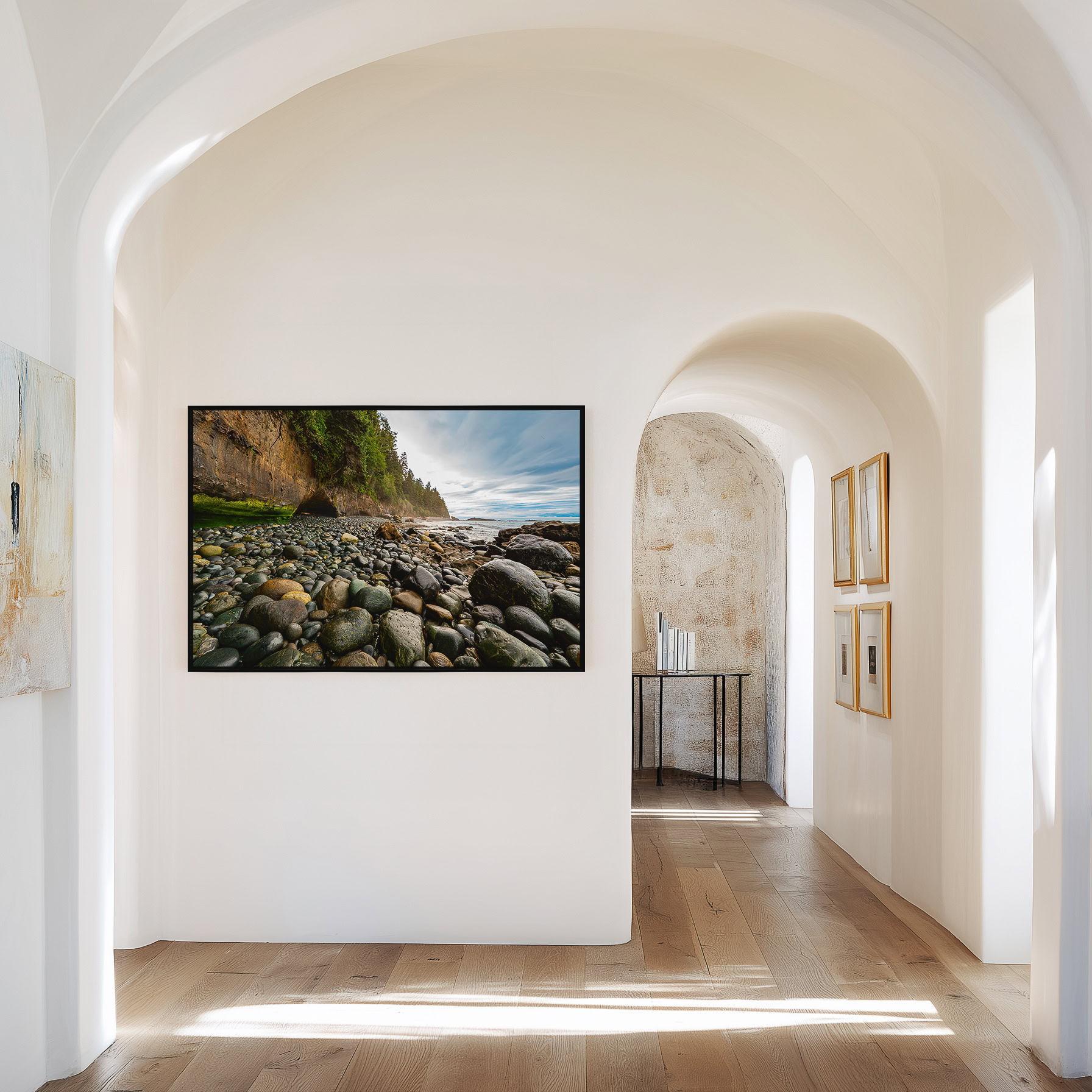 Juan de Fuca Trail Cliffs at Chin Beach print shown on the wall in a styled room.