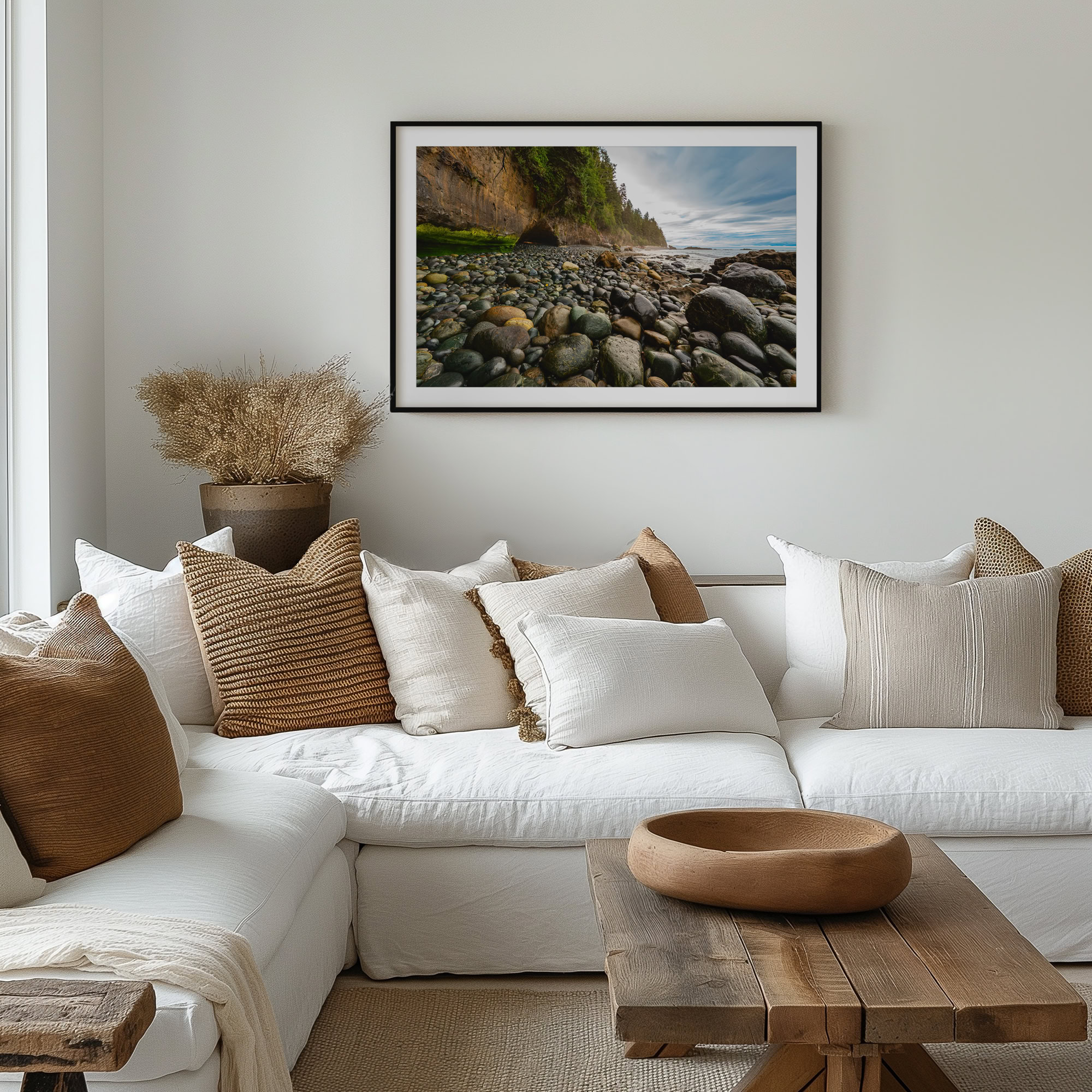 Juan de Fuca Trail Cliffs at Chin Beach print shown on the wall in a living room.
