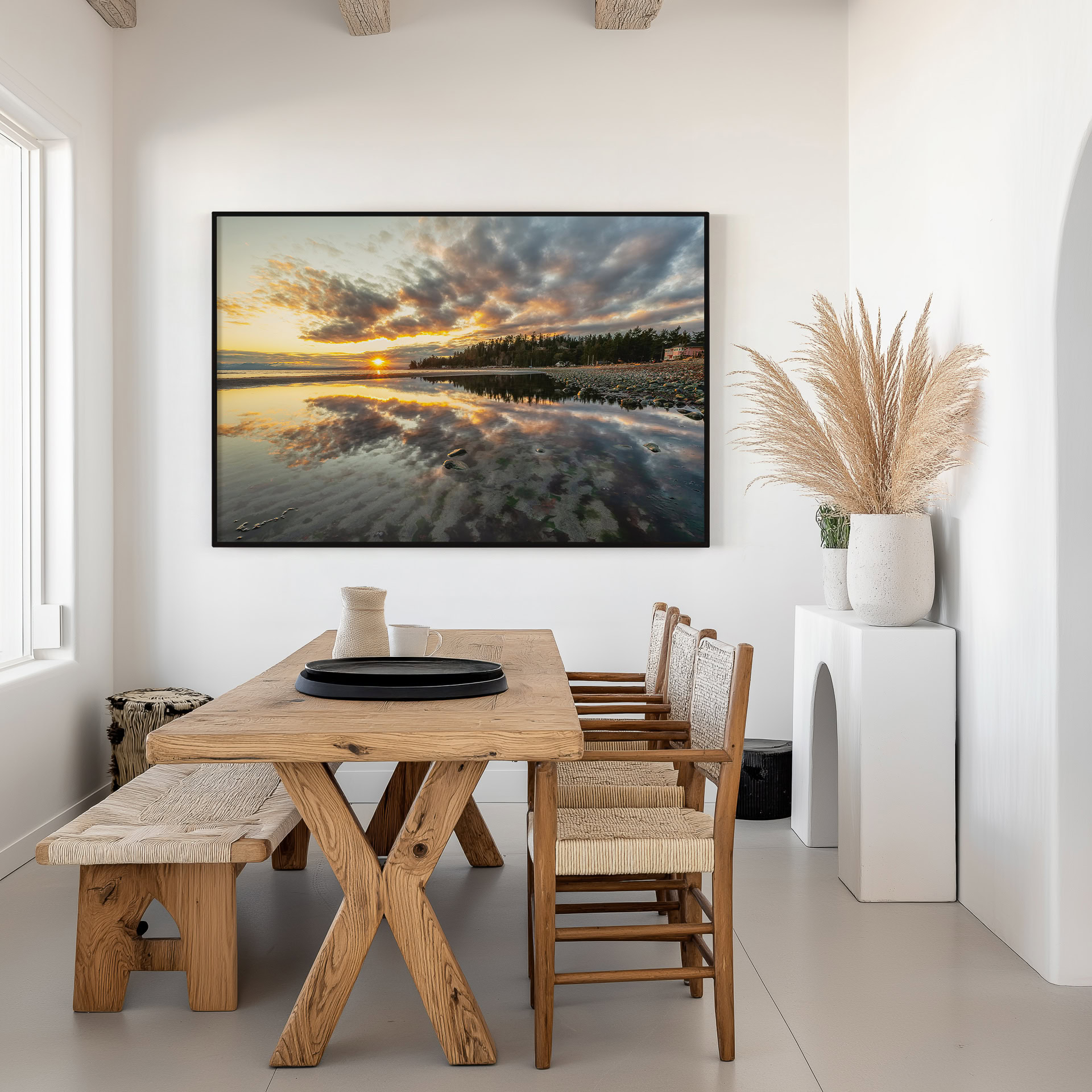 Kye Bay Tidal Mirror at Dawn print shown on the wall in a dining room.
