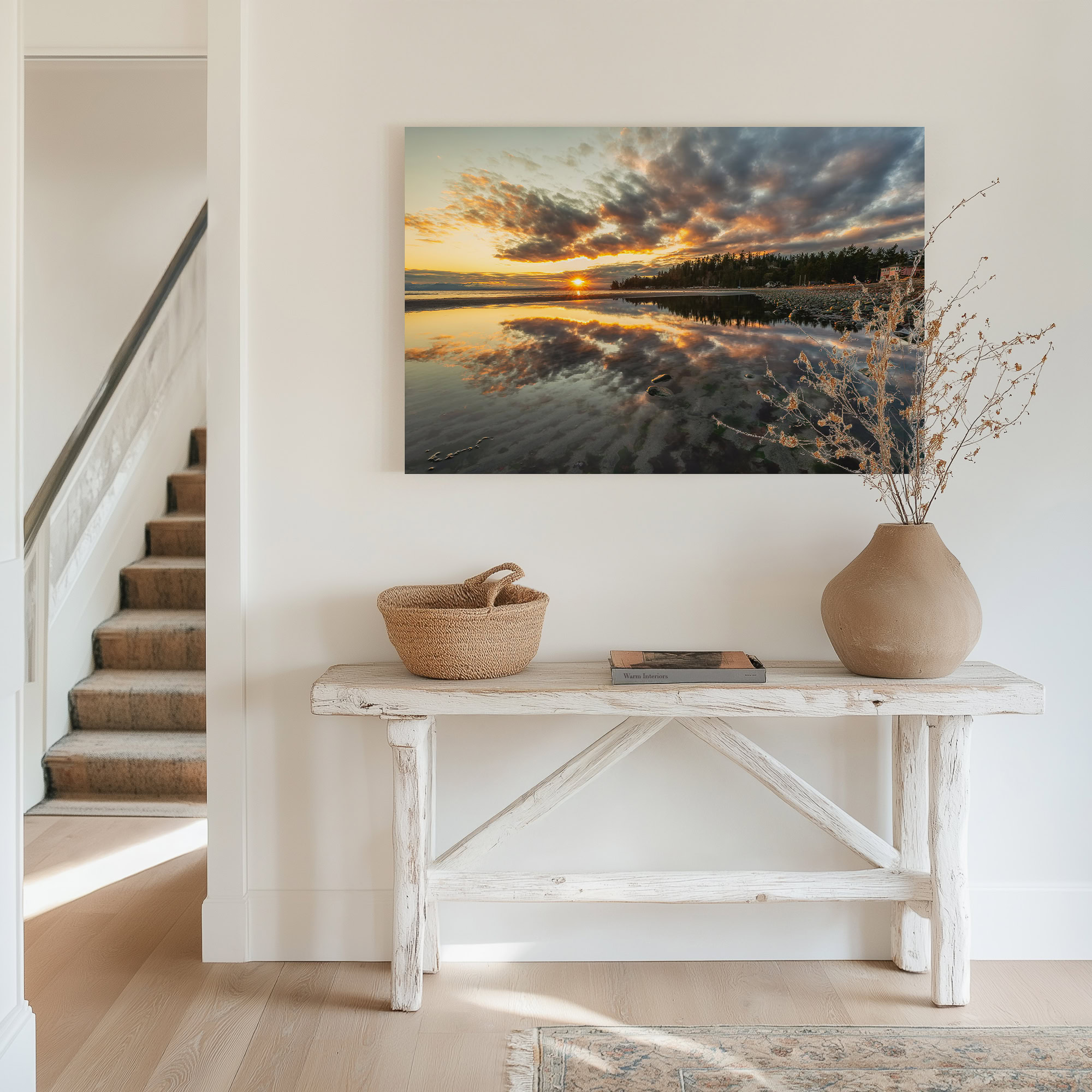 Kye Bay Tidal Mirror at Dawn print shown on the wall in an entryway.