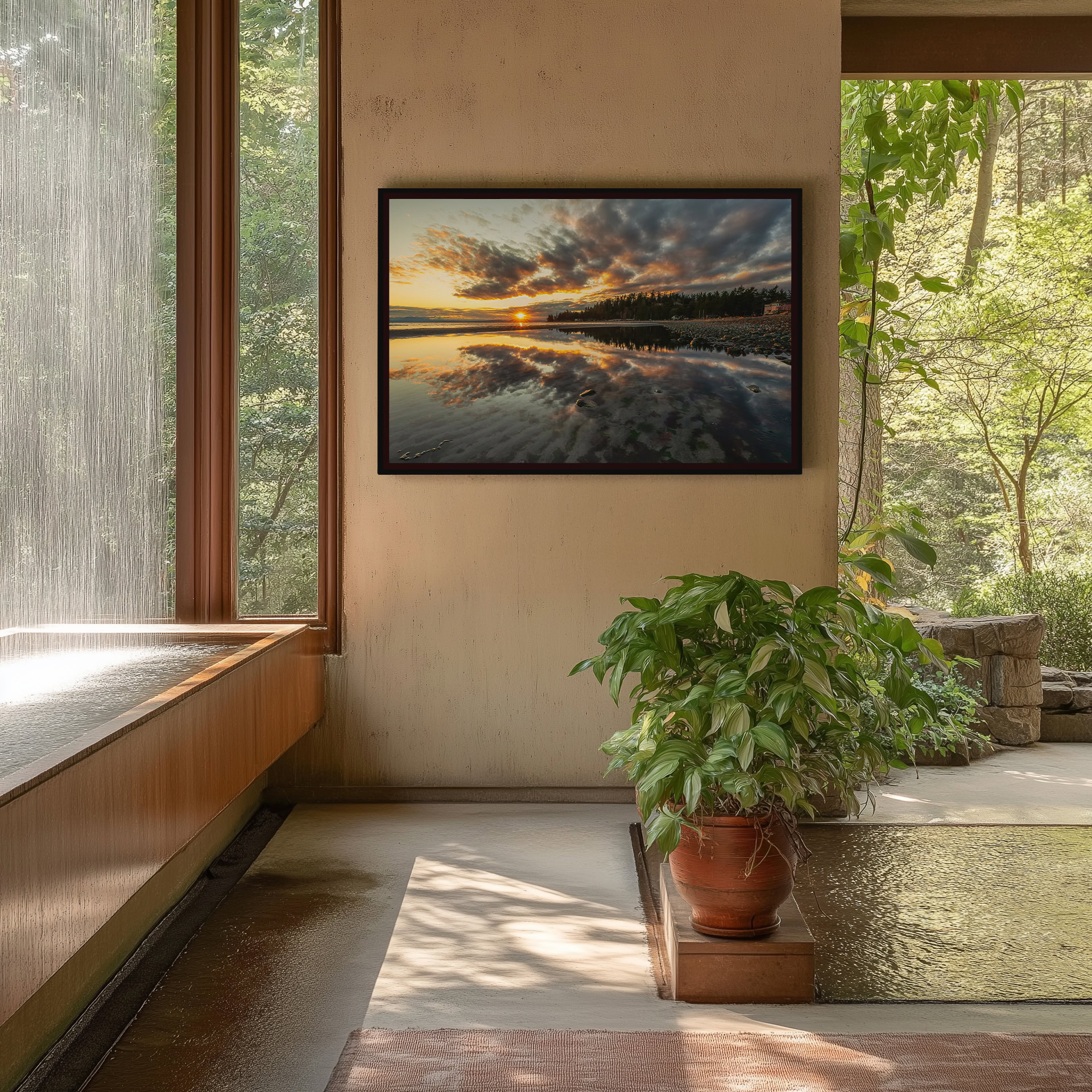 Kye Bay Tidal Mirror at Dawn print shown on the wall in a styled room.
