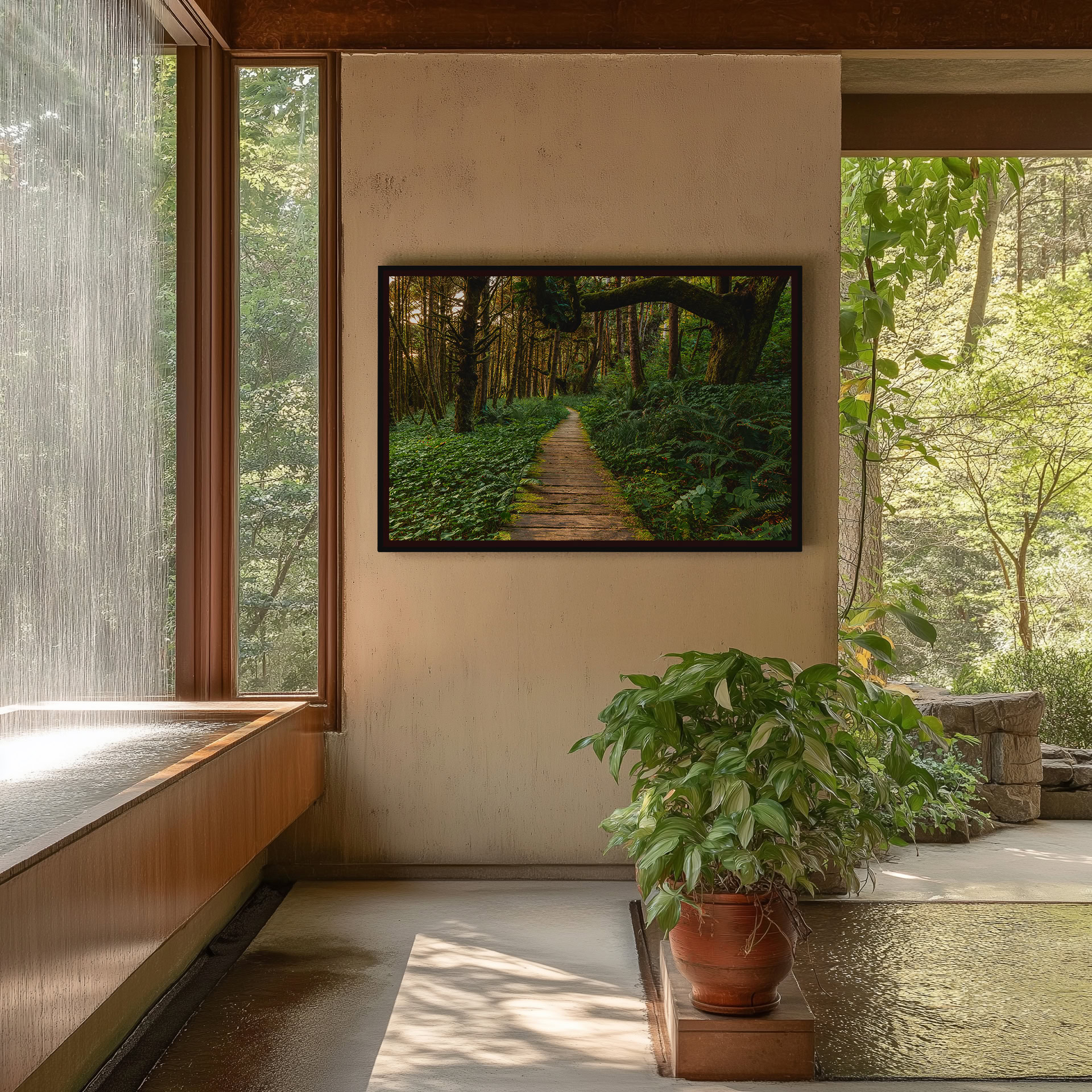 Last Light Through the Tofino Rainforest print shown on the wall in an entryway.