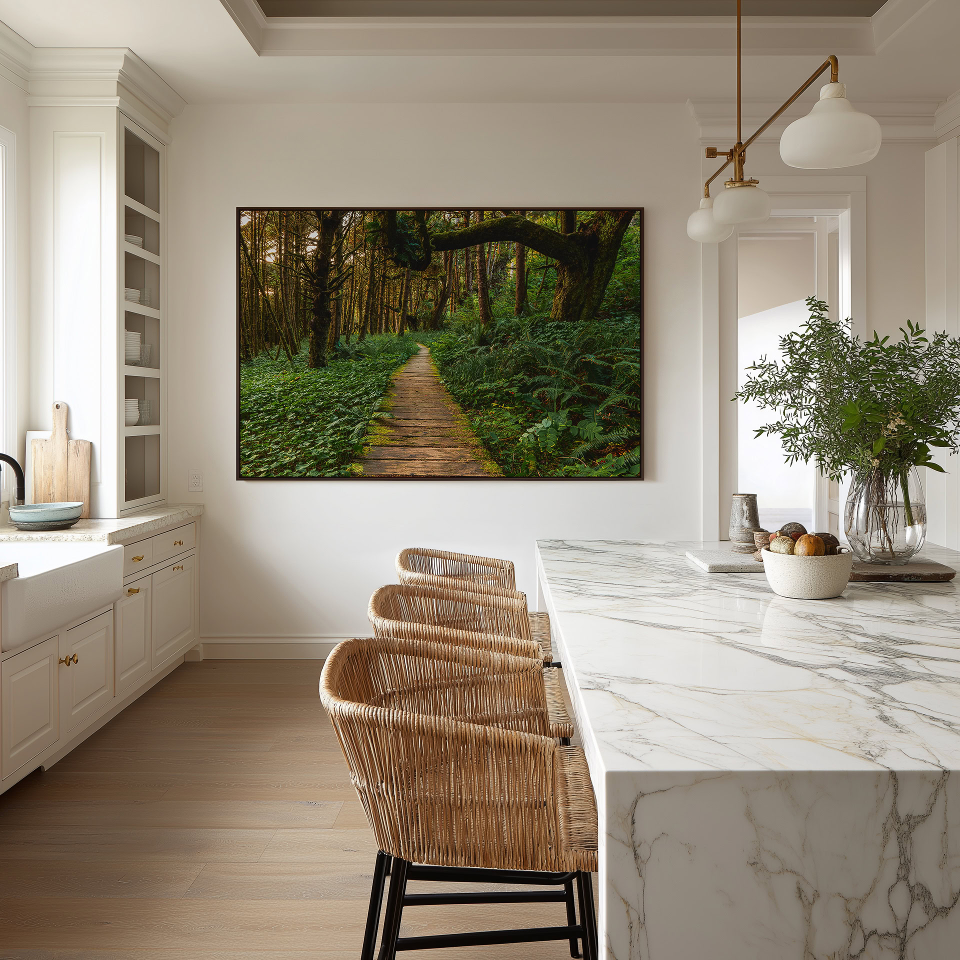Last Light Through the Tofino Rainforest print shown on the wall in a styled room.