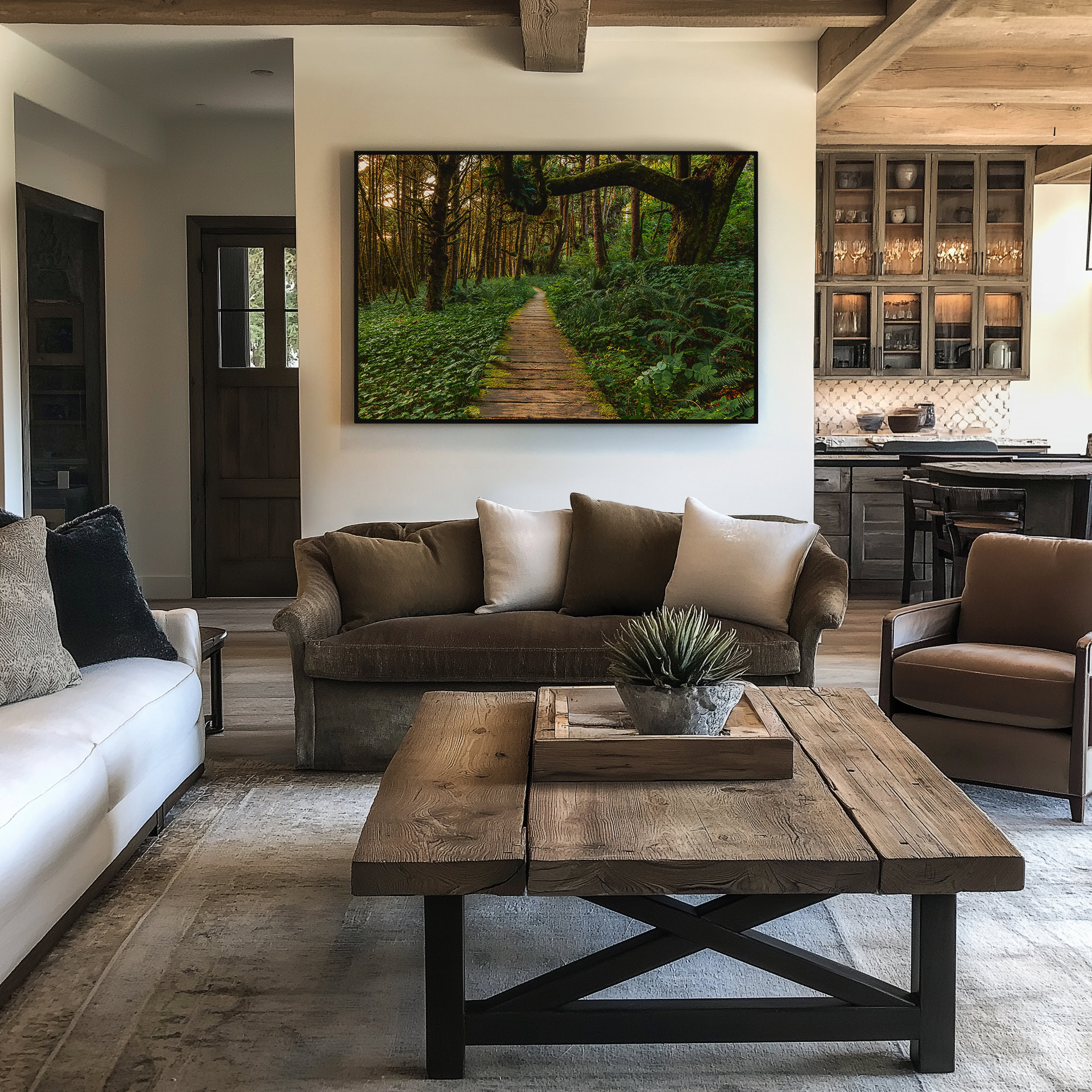 Last Light Through the Tofino Rainforest print shown on the wall in a living room.