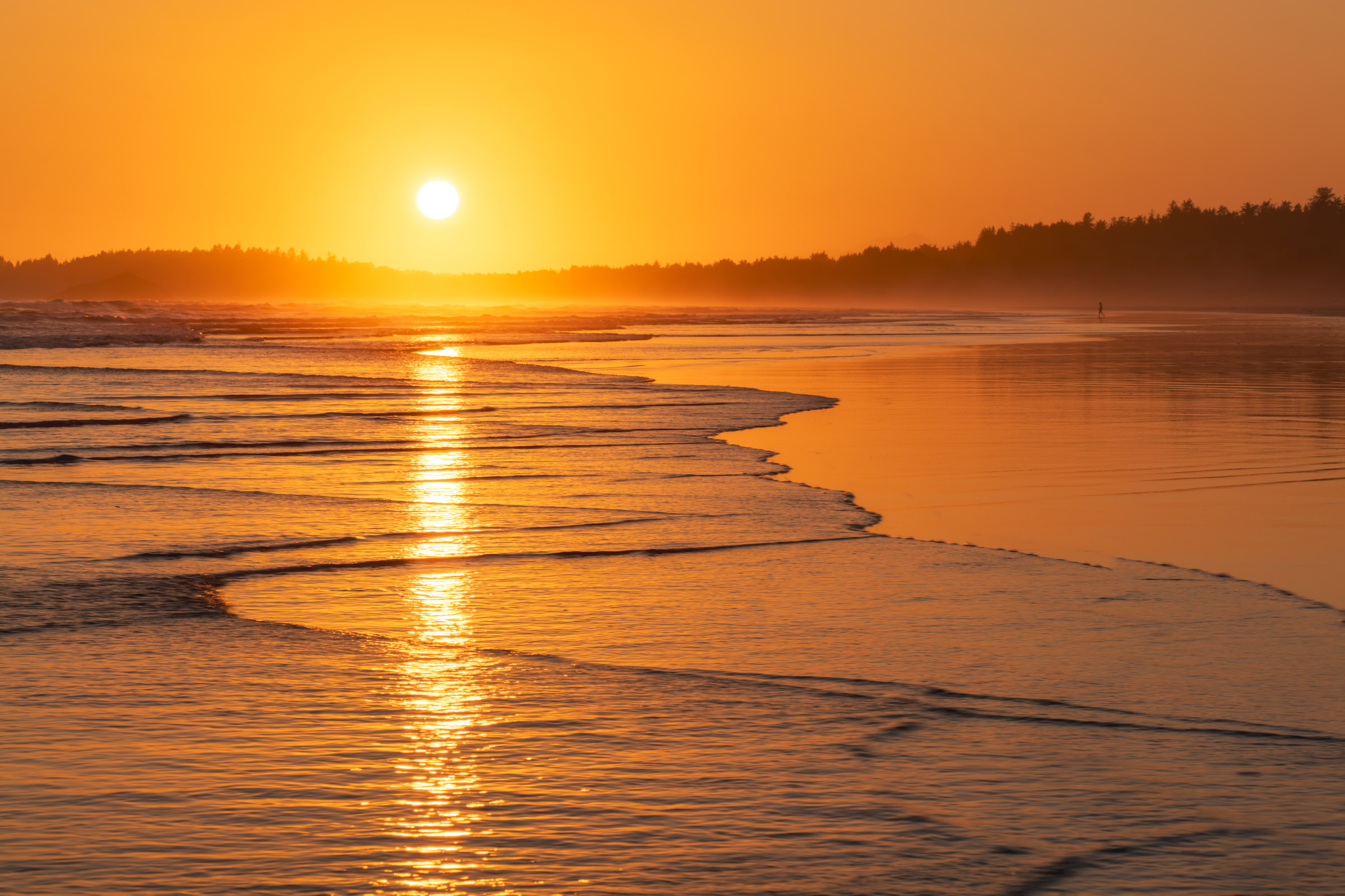 Tofino sunset wall art of the sun setting into sea mist and surf along Long Beach on a clear July evening, Pacific Rim National Park, BC, by James Wheeler.