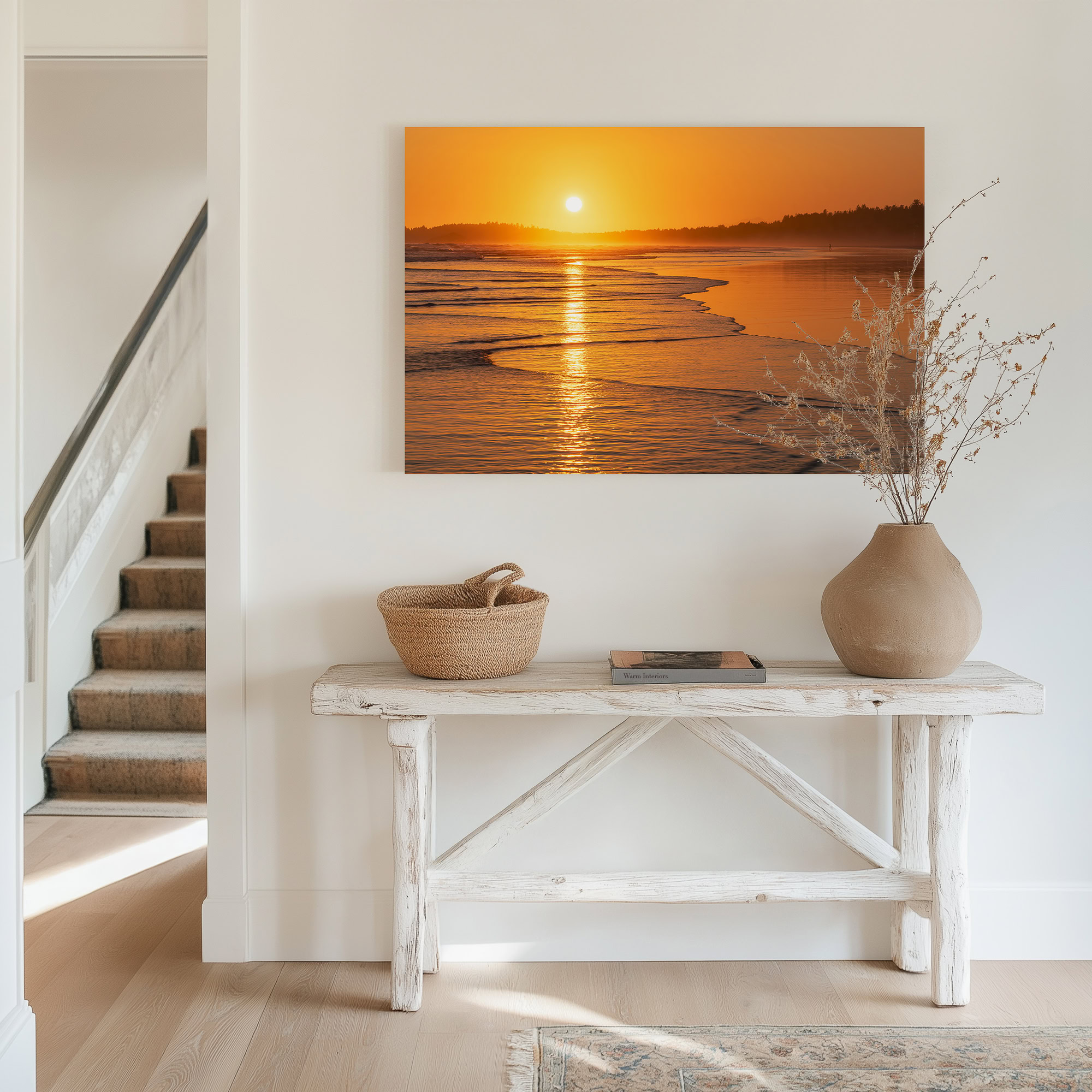 Long Beach Tofino Sea Mist at Sundown print shown on the wall in an entryway.