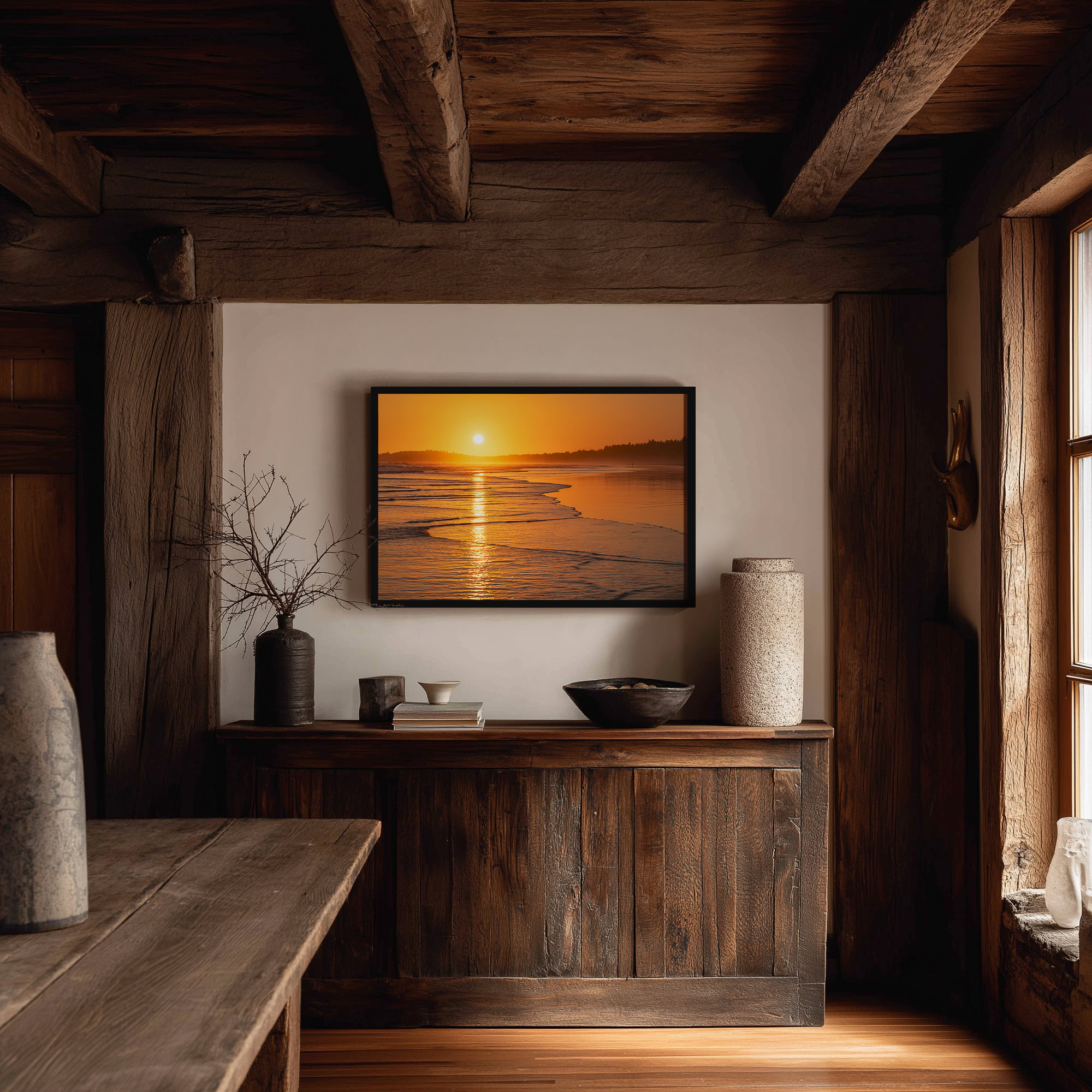 Long Beach Tofino Sea Mist at Sundown print shown on the wall in a styled room.