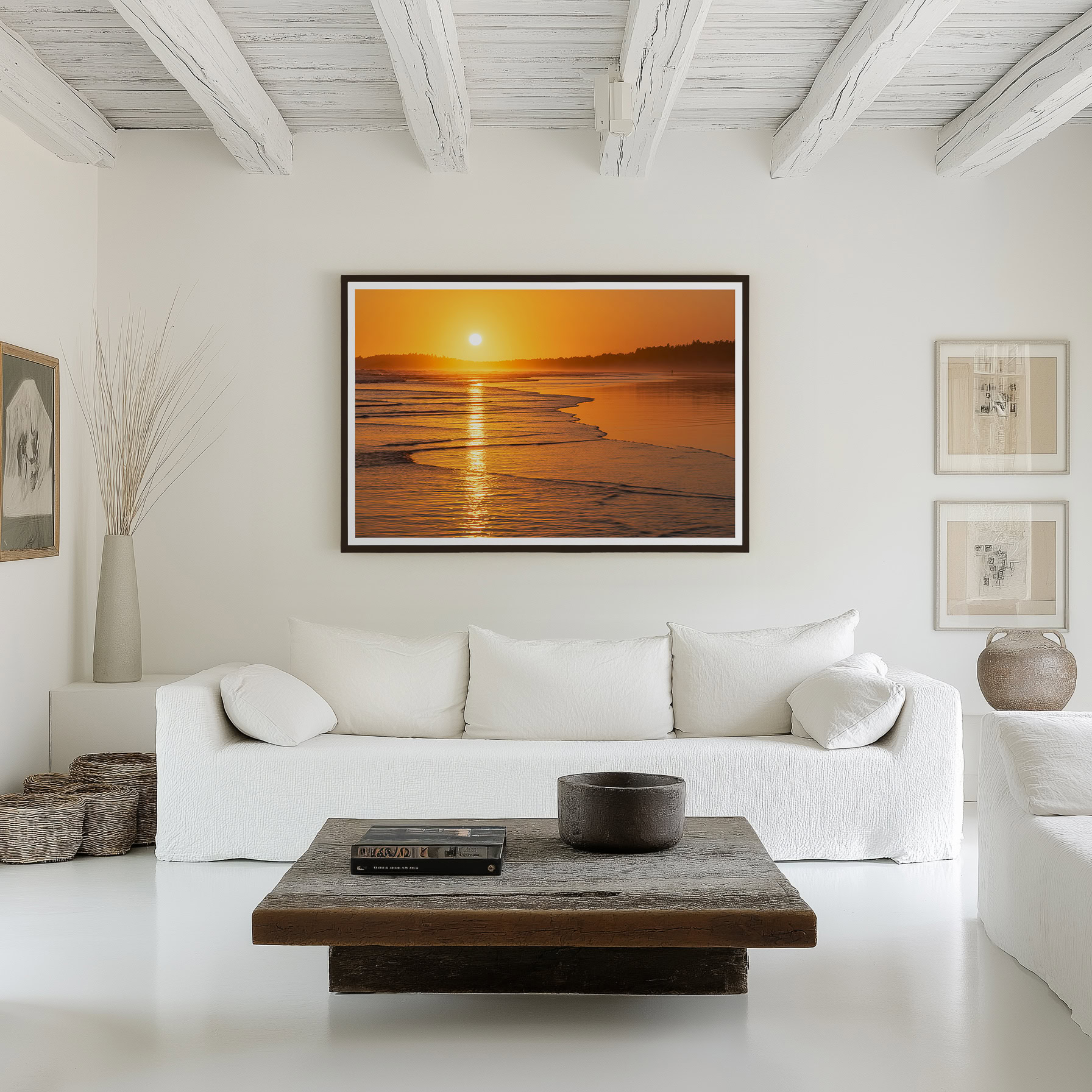 Long Beach Tofino Sea Mist at Sundown print shown on the wall in a living room.
