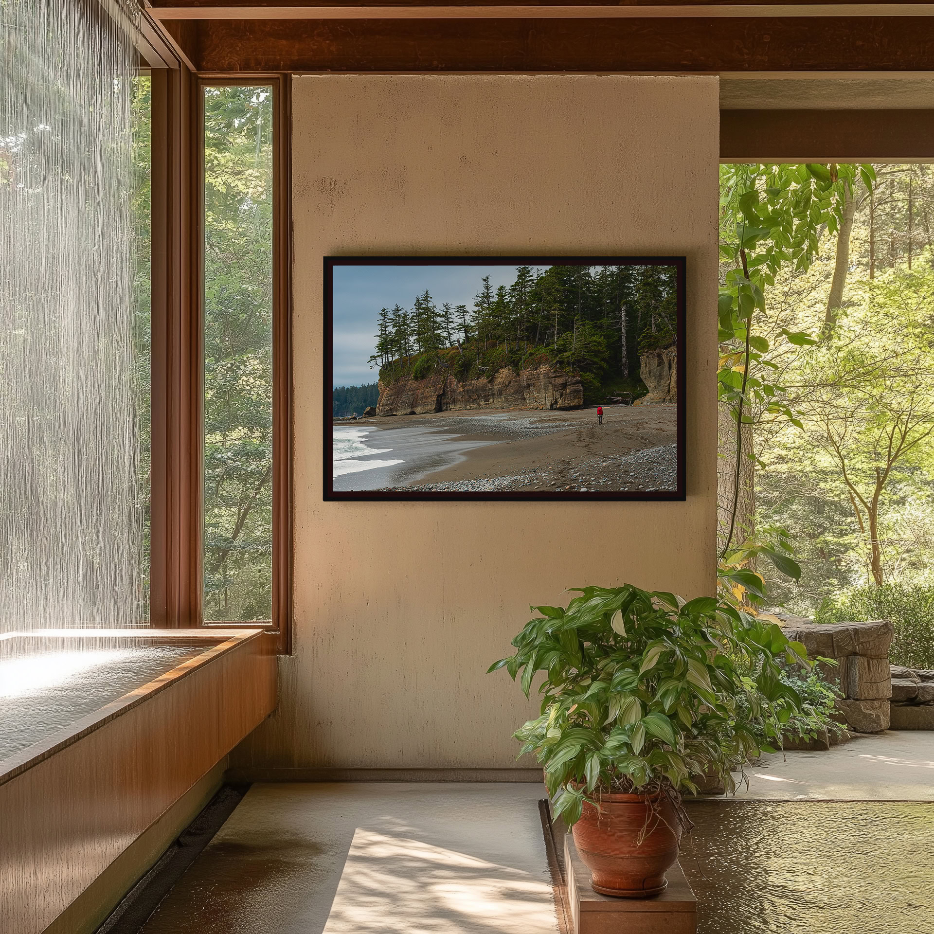 Long Day on the West Coast Trail print shown on the wall in an entryway.