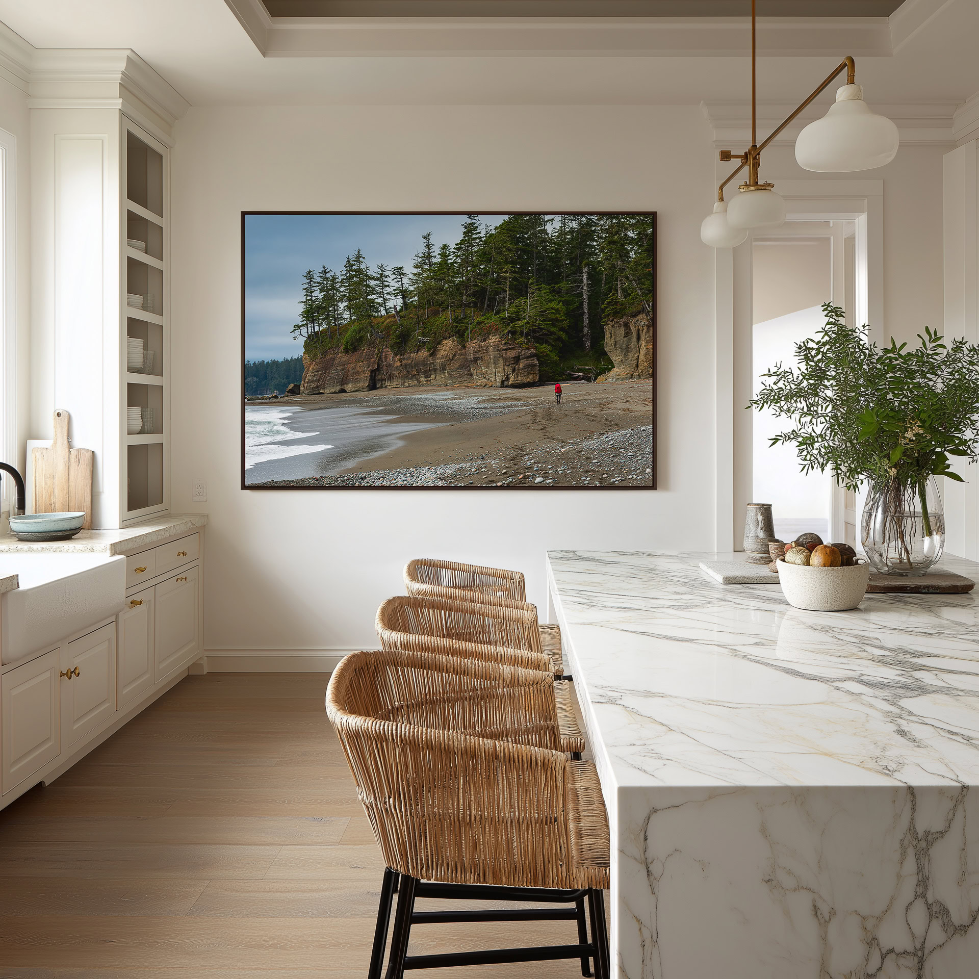 Long Day on the West Coast Trail print shown on the wall in a styled room.