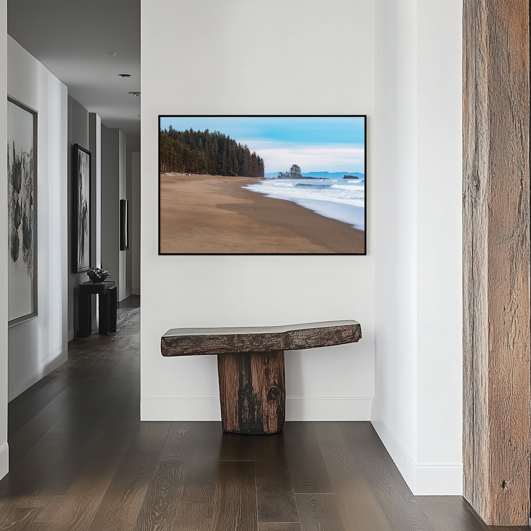 Looking Back Along the West Coast Trail print shown on the wall in a styled room.