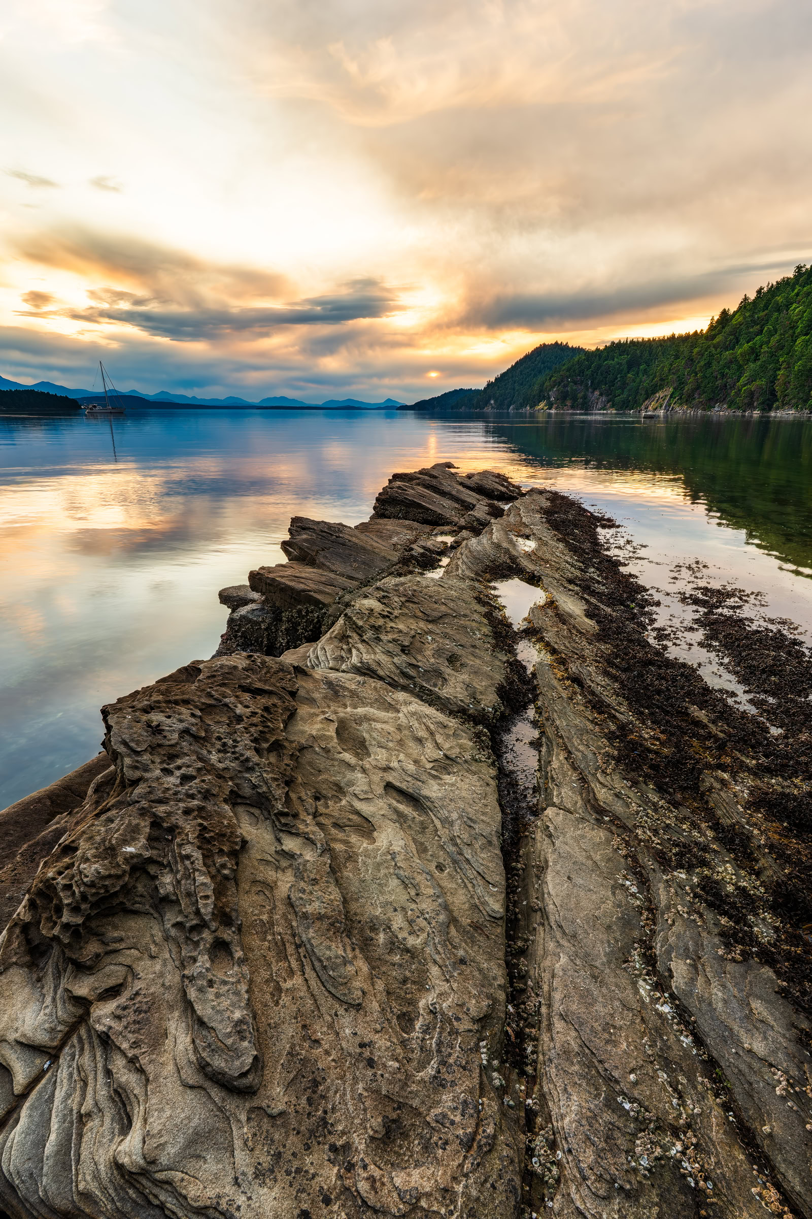 Montague Harbour wall art of honeycombed sandstone running out into calm water at sunset on Galiano Island, BC, by James Wheeler.