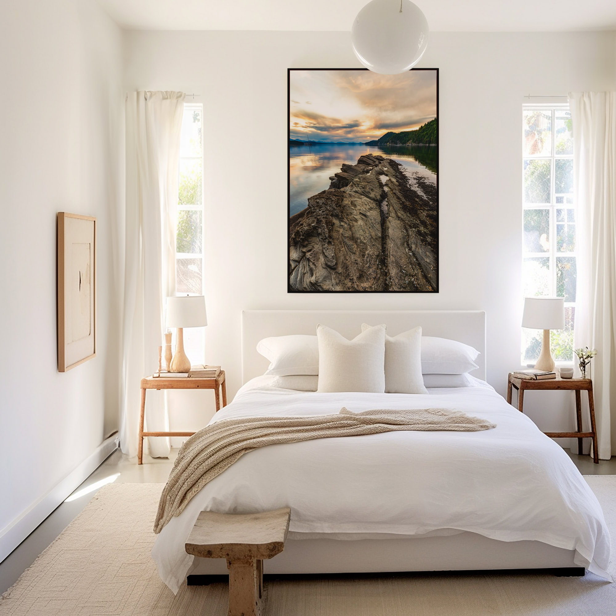 Montague Harbour Sandstone at Dusk print shown on the wall in a bedroom.