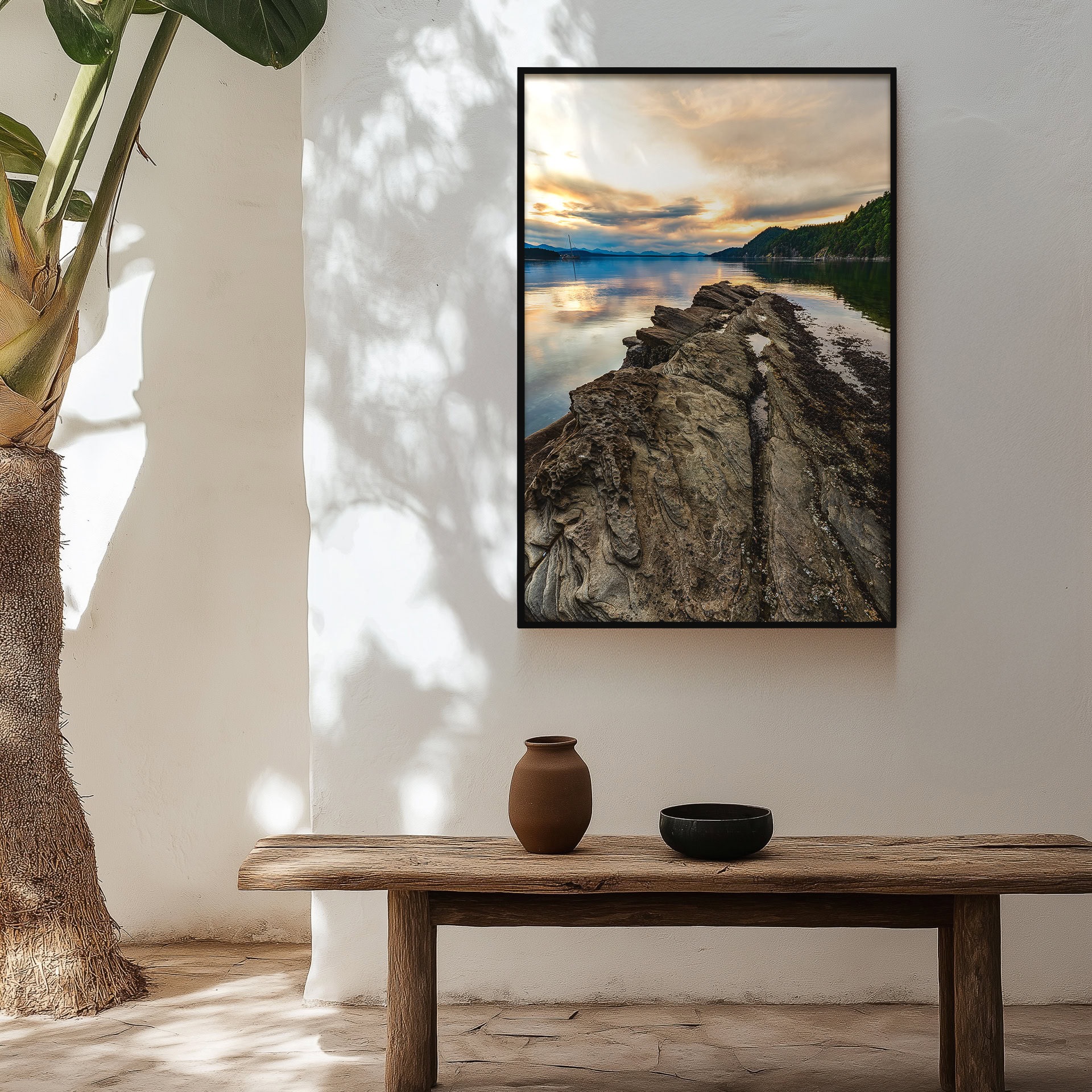 Montague Harbour Sandstone at Dusk print shown on the wall in an entryway.
