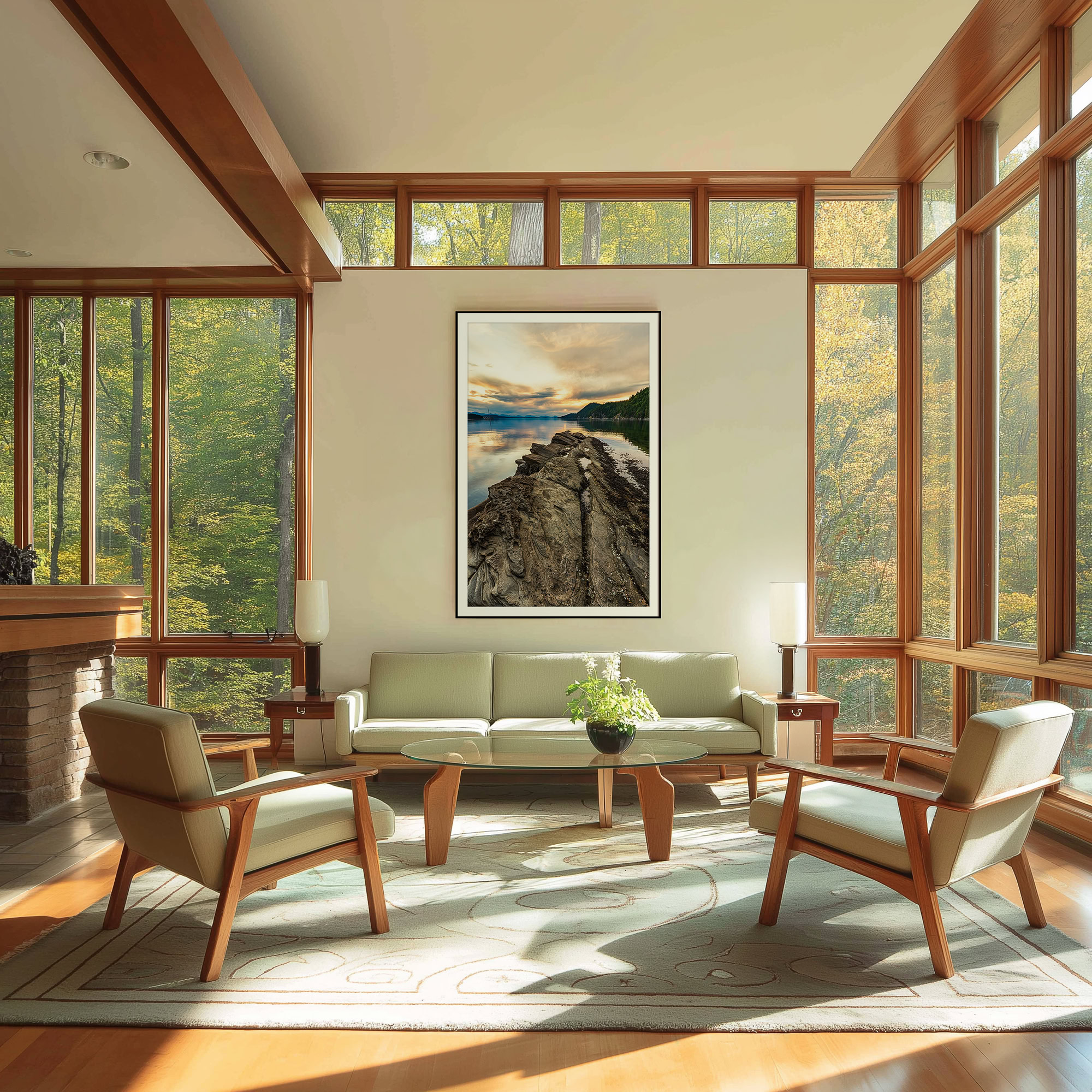 Montague Harbour Sandstone at Dusk print shown on the wall in a living room.