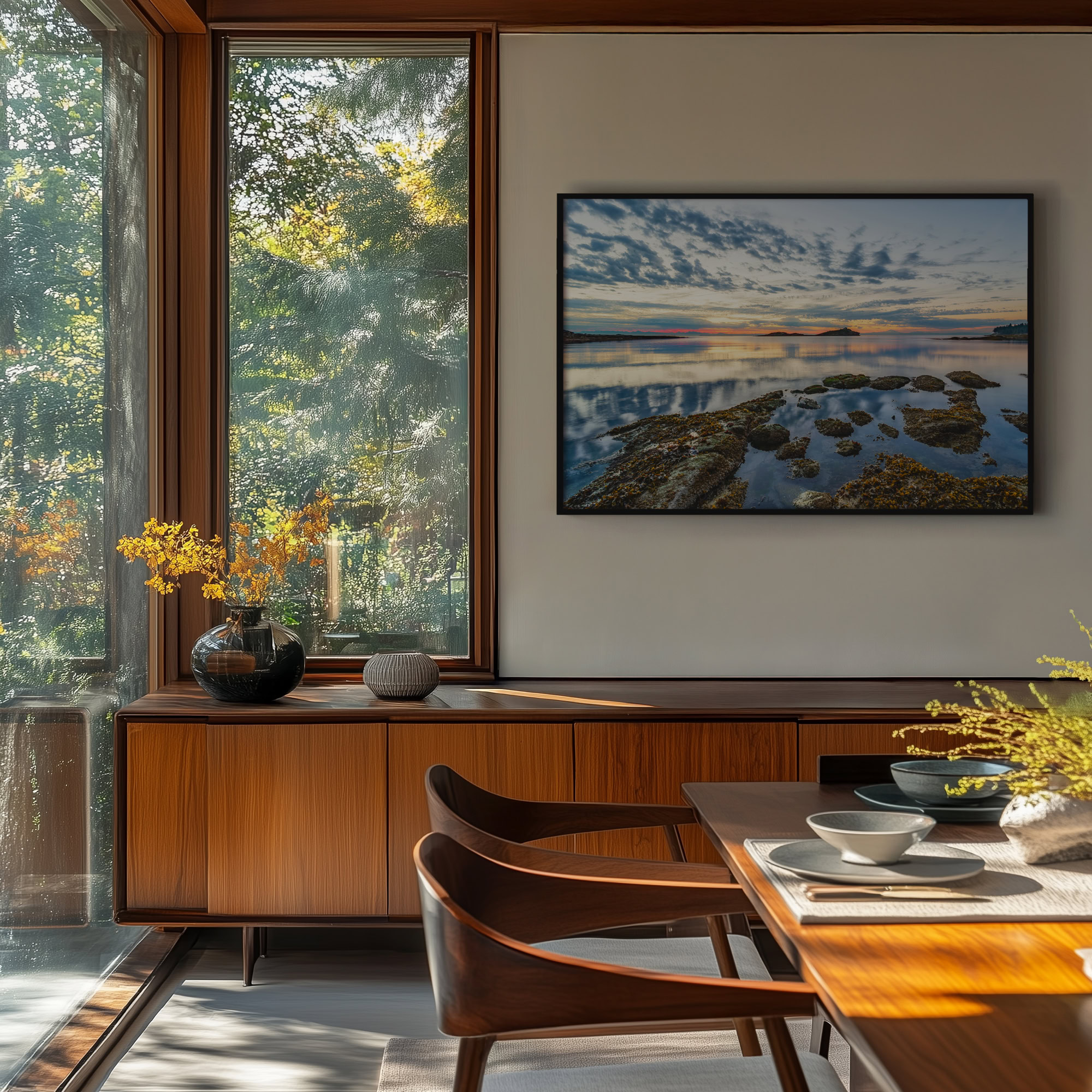 Morning Beach Sunrise on Galiano Island print shown on the wall in a dining room.