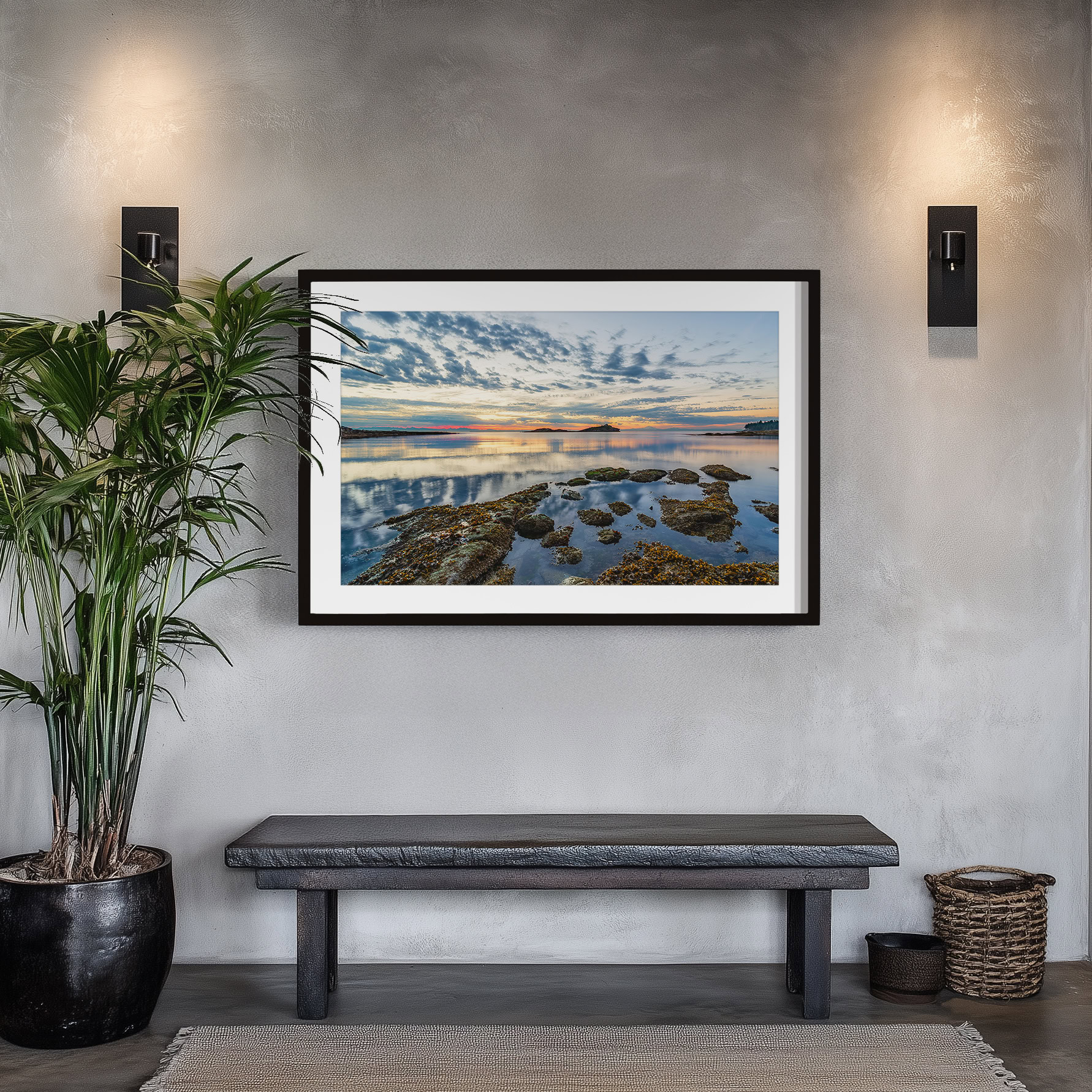 Morning Beach Sunrise on Galiano Island print shown on the wall in an entryway.