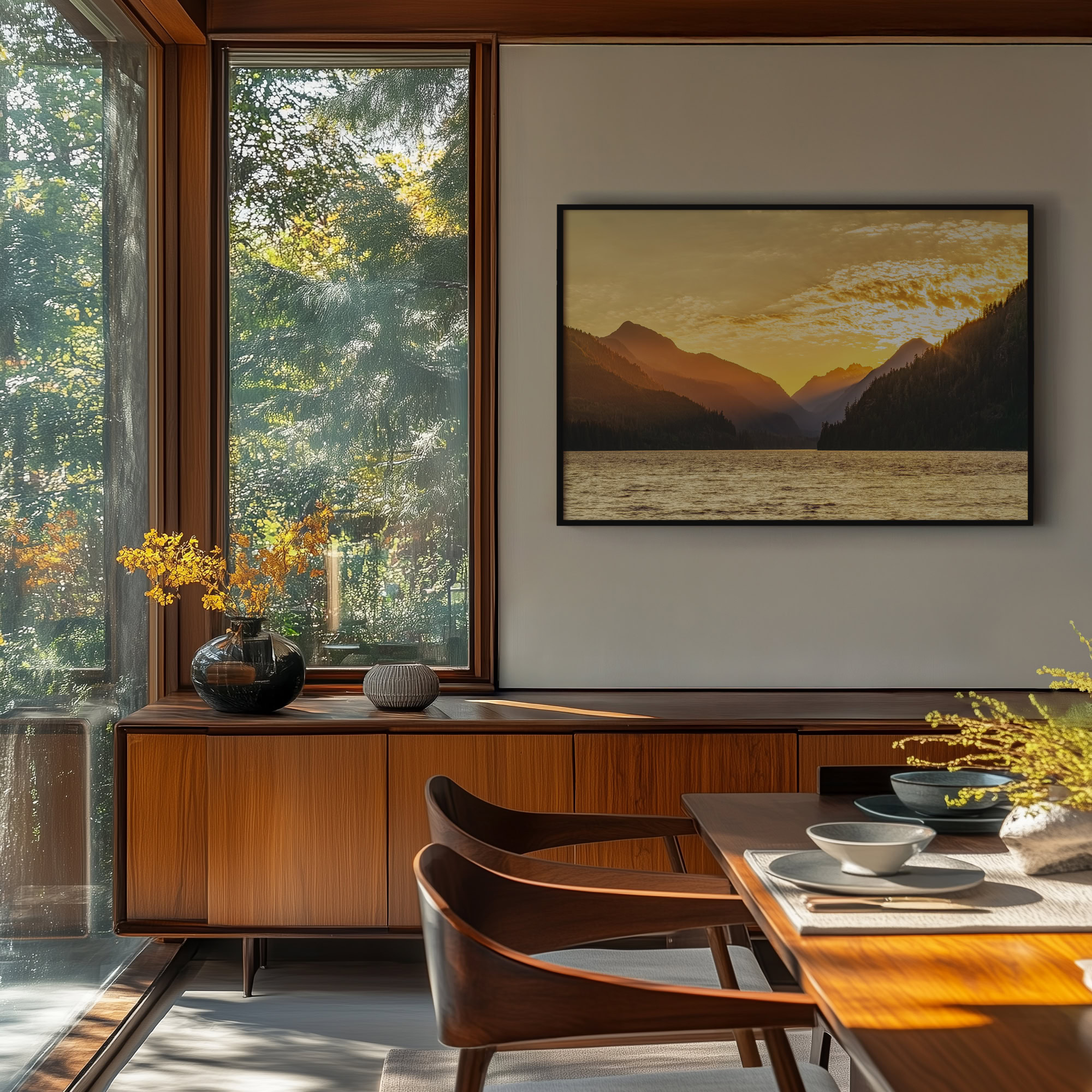 Muchalat Lake Sunset print shown on the wall in a dining room.