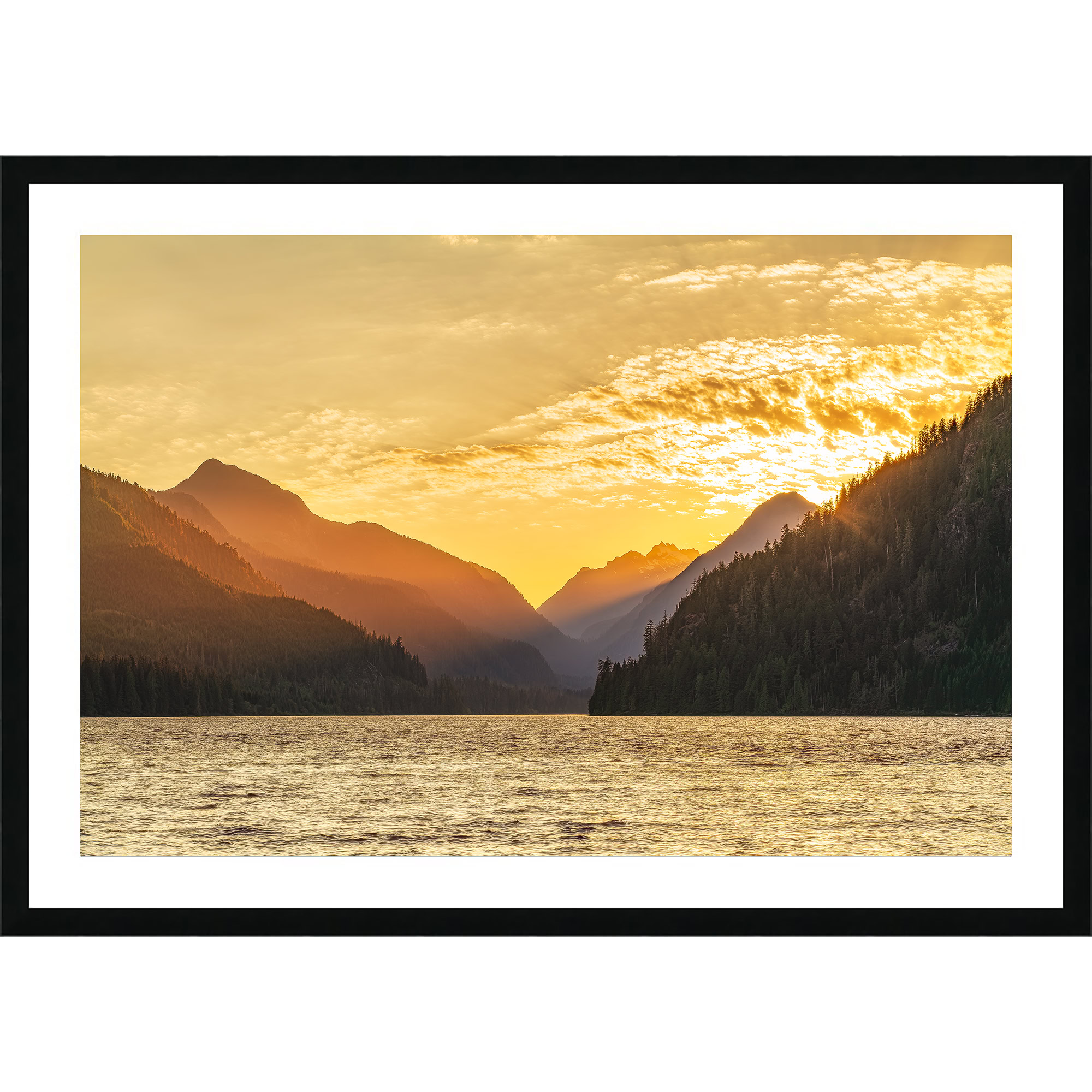 Muchalat Lake Sunset as a framed print.