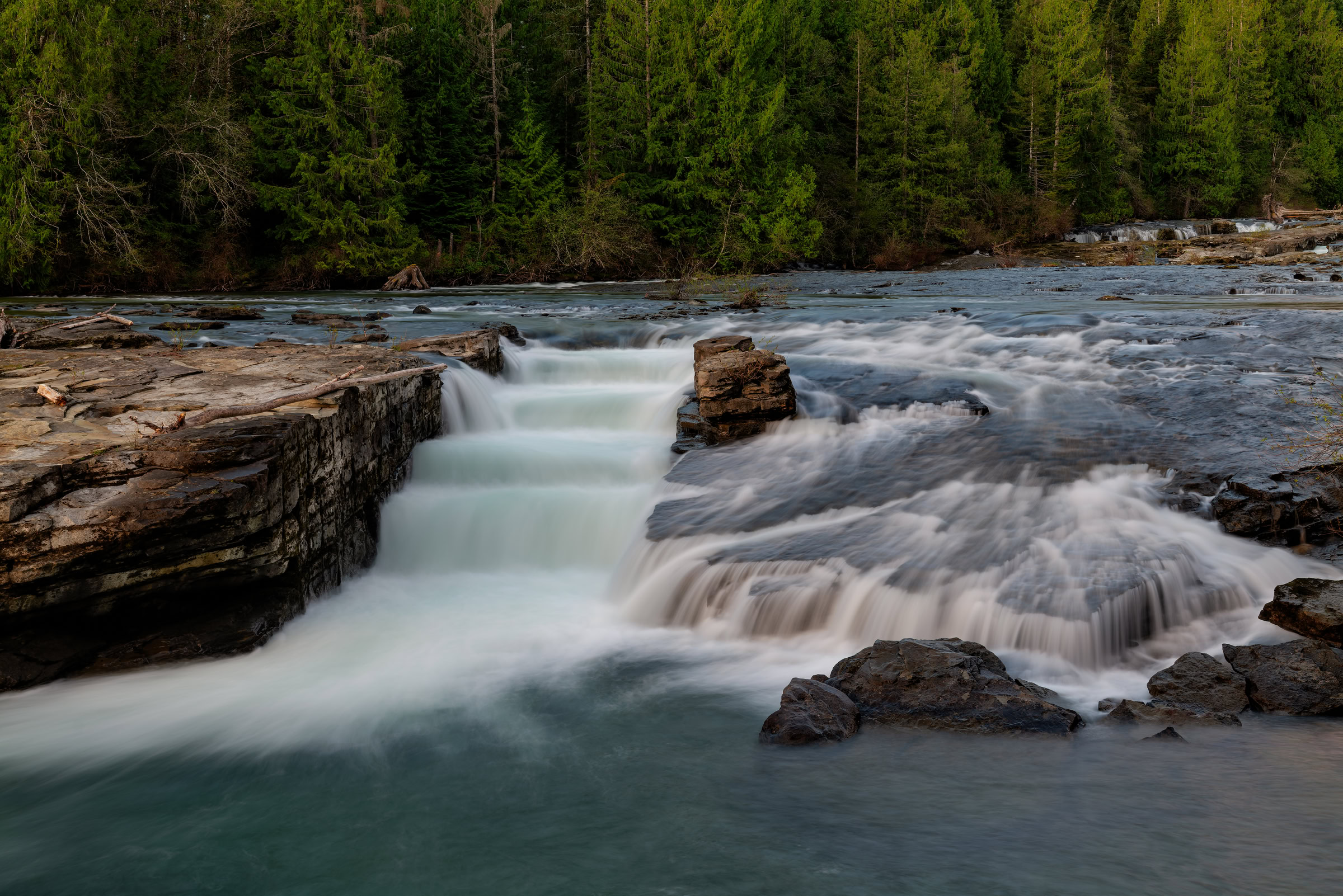 Nymph Falls wall art showing the fish ladder on the Puntledge River at dawn, long-exposure water near Courtenay, BC, by James Wheeler.