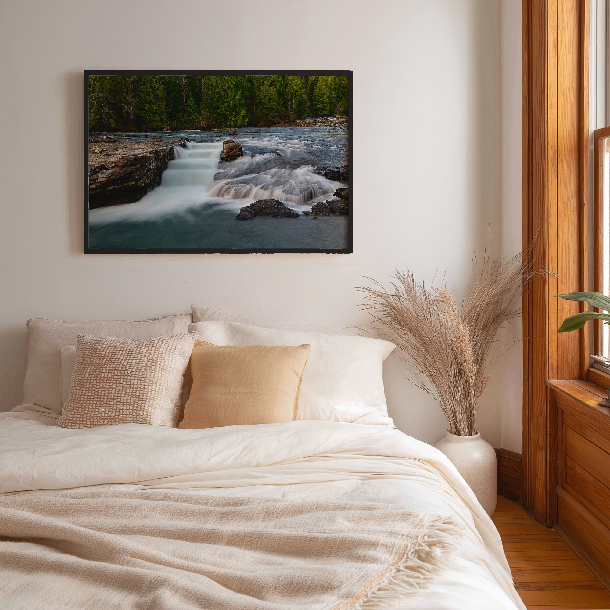 Nymph Falls Fish Ladder print shown on the wall in a bedroom.