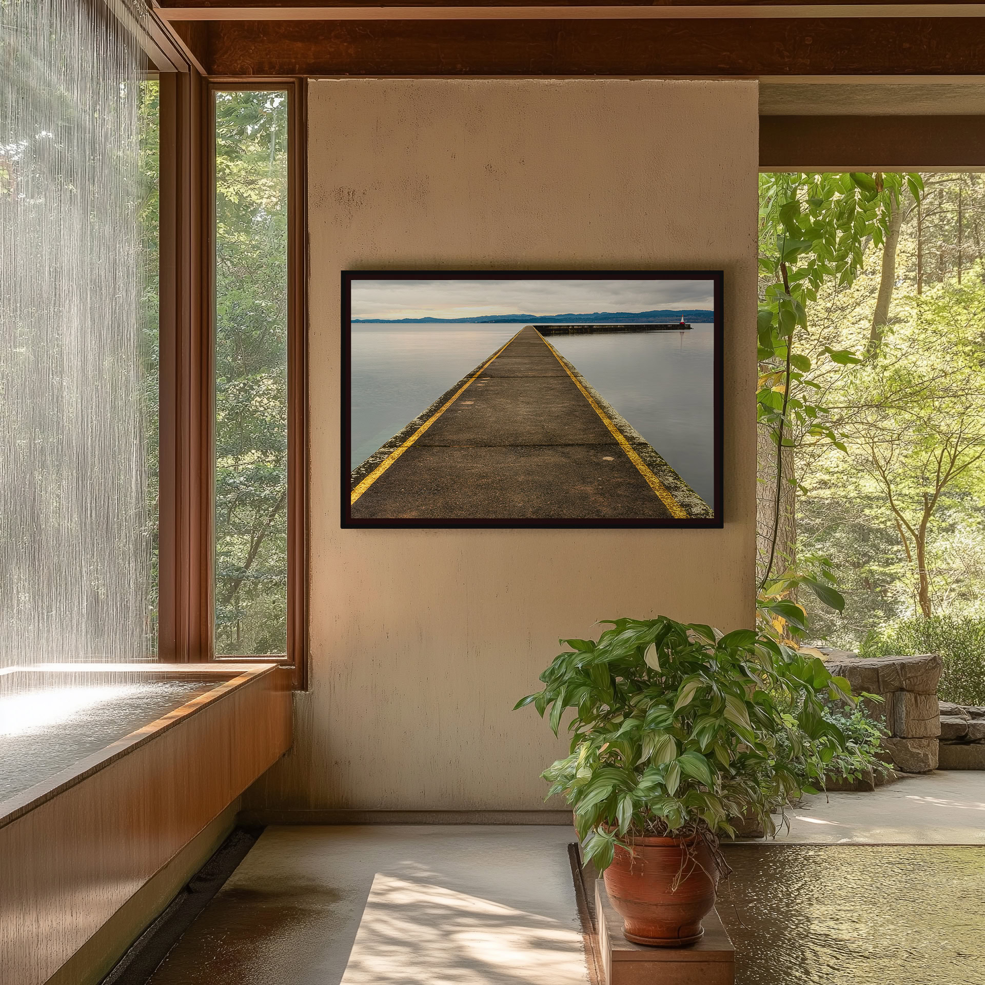 Ogden Point Breakwater Pier print shown on the wall in an entryway.