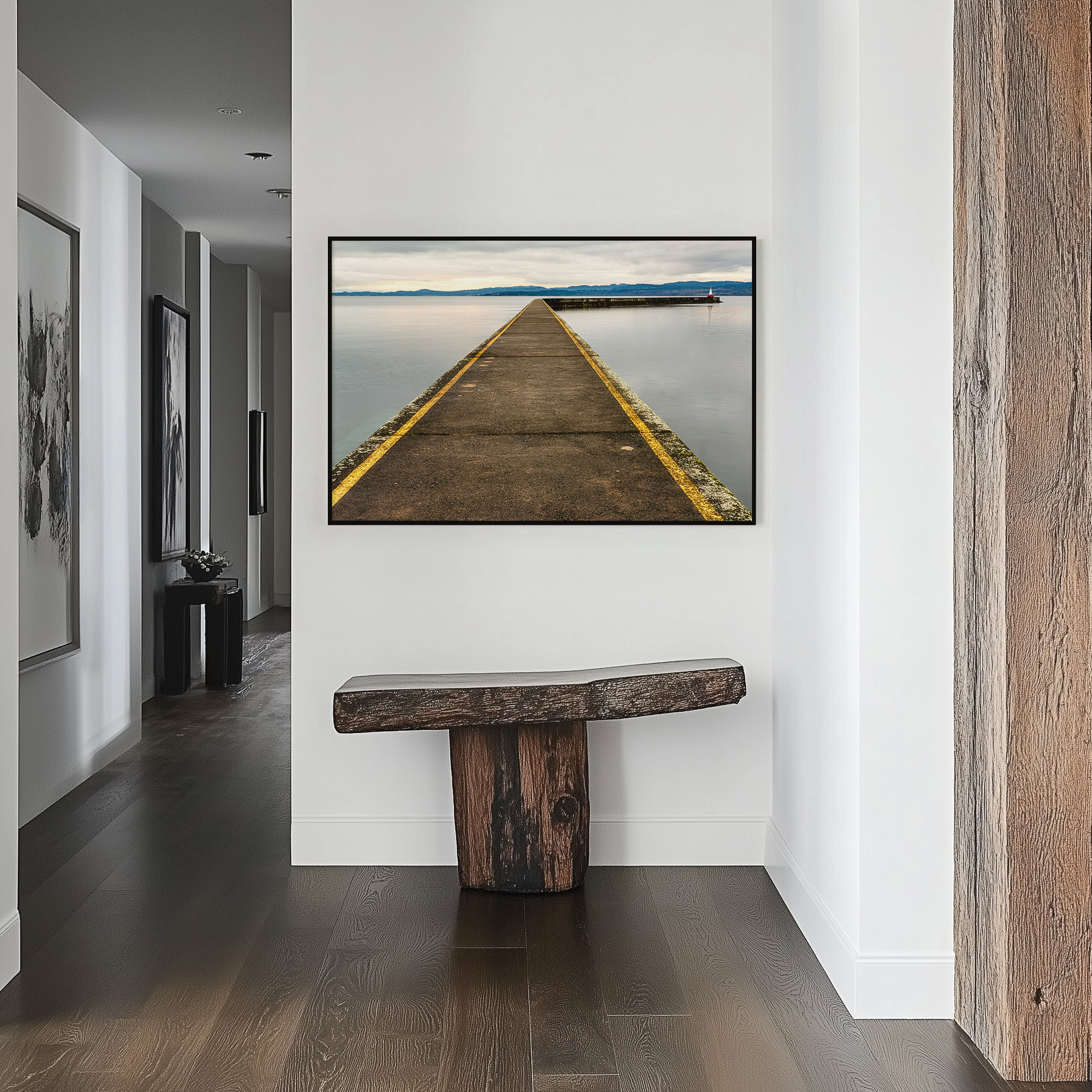 Ogden Point Breakwater Pier print shown on the wall in a styled room.