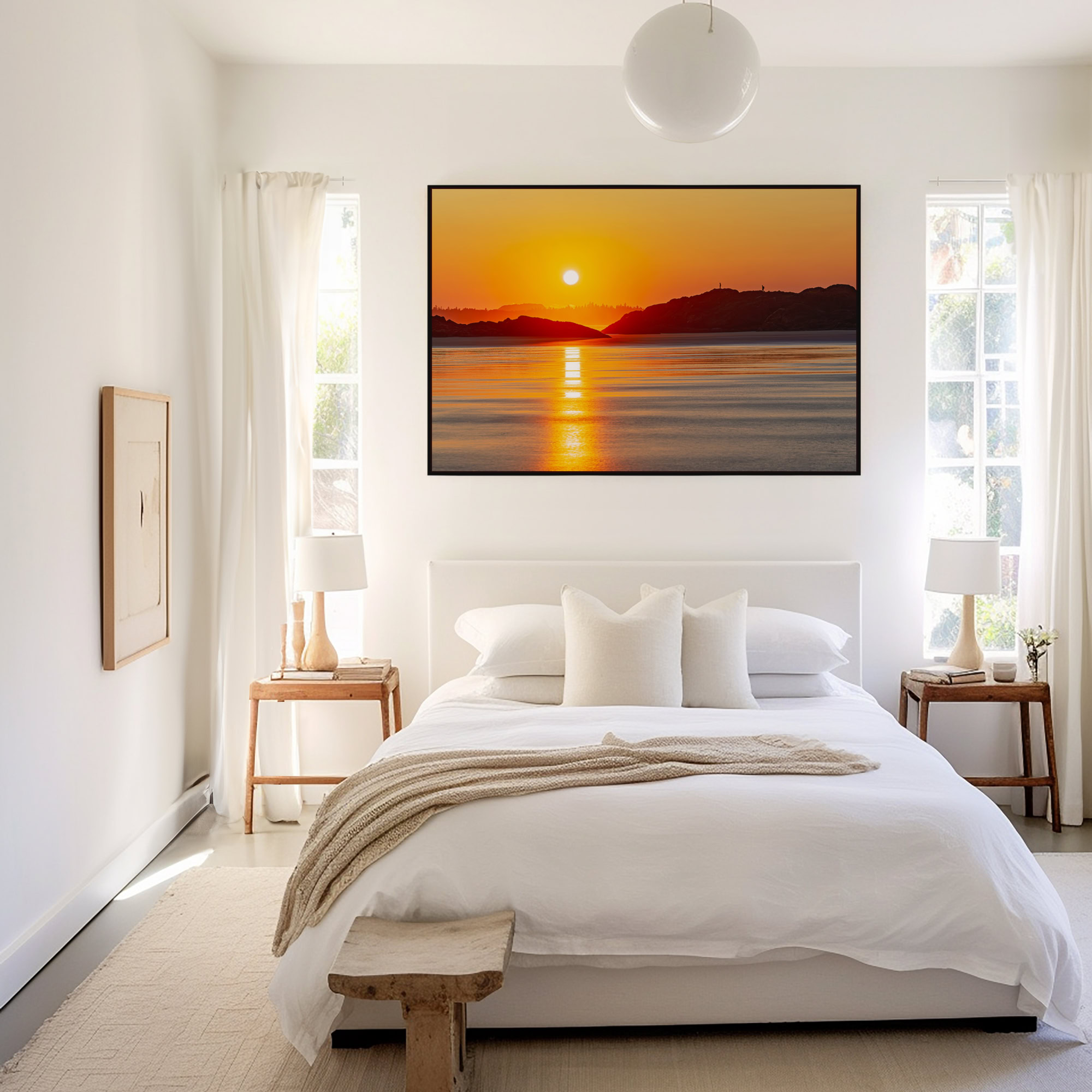 Pacific Rim National Park Sunset print shown on the wall in a bedroom.