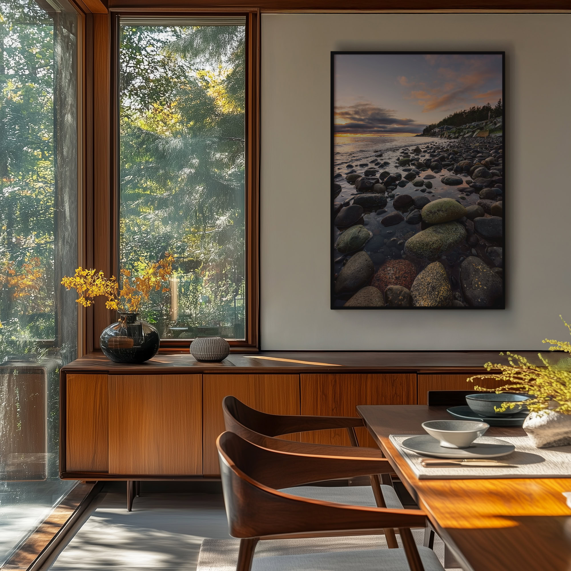 Painted Rocks at Kin Beach print shown on the wall in a dining room.