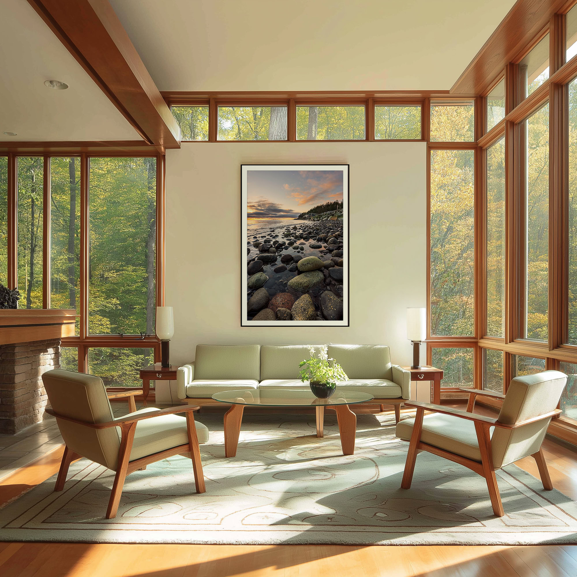 Painted Rocks at Kin Beach print shown on the wall in a living room.