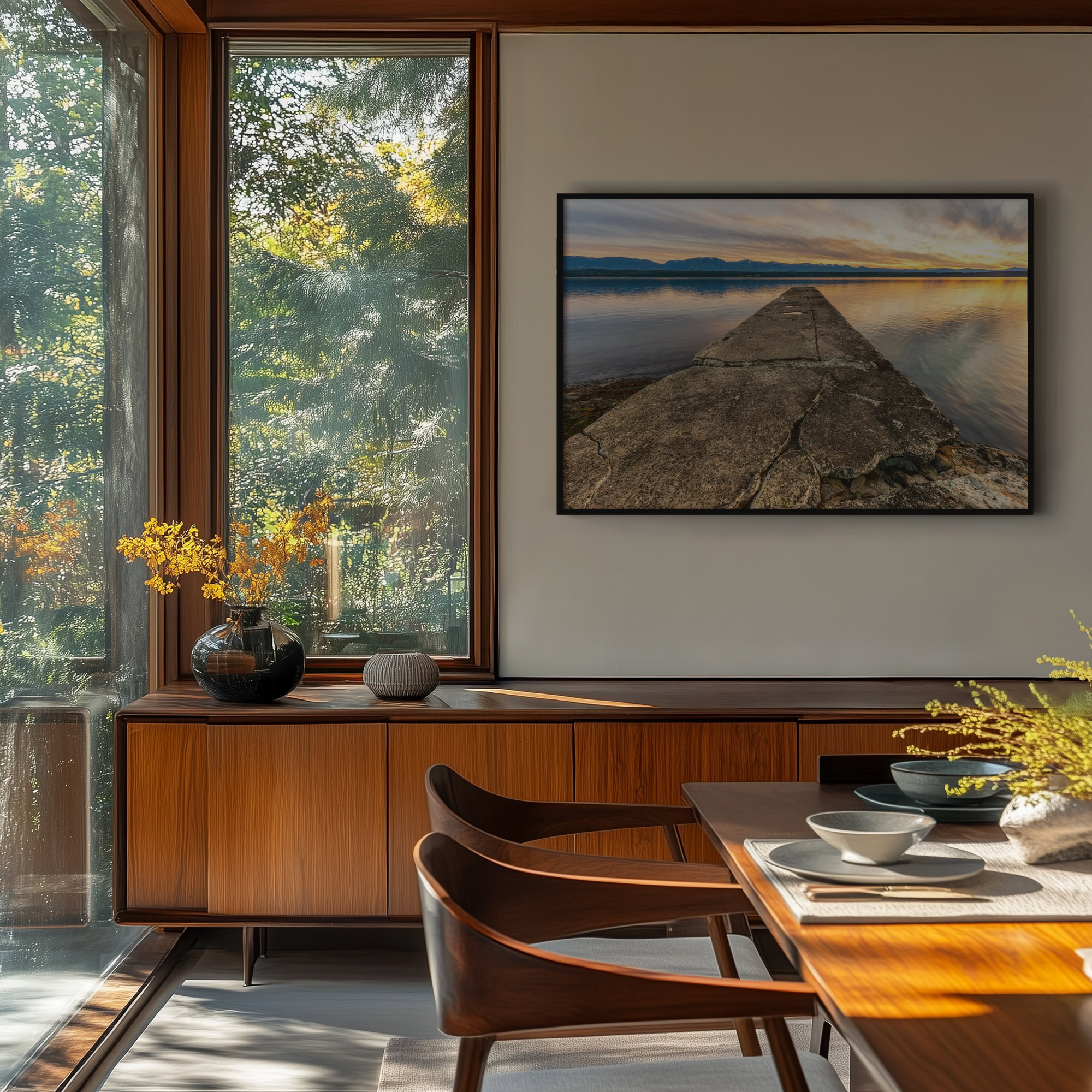 Phipps Point Pier print shown on the wall in a dining room.