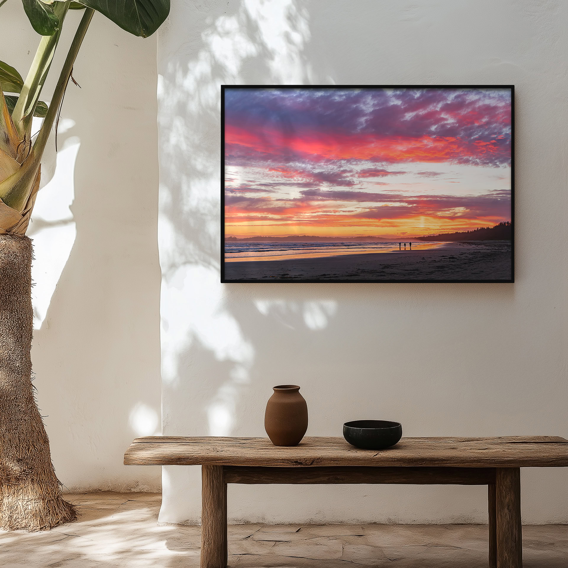 Pink Clouds Over Long Beach Tofino print shown on the wall in an entryway.