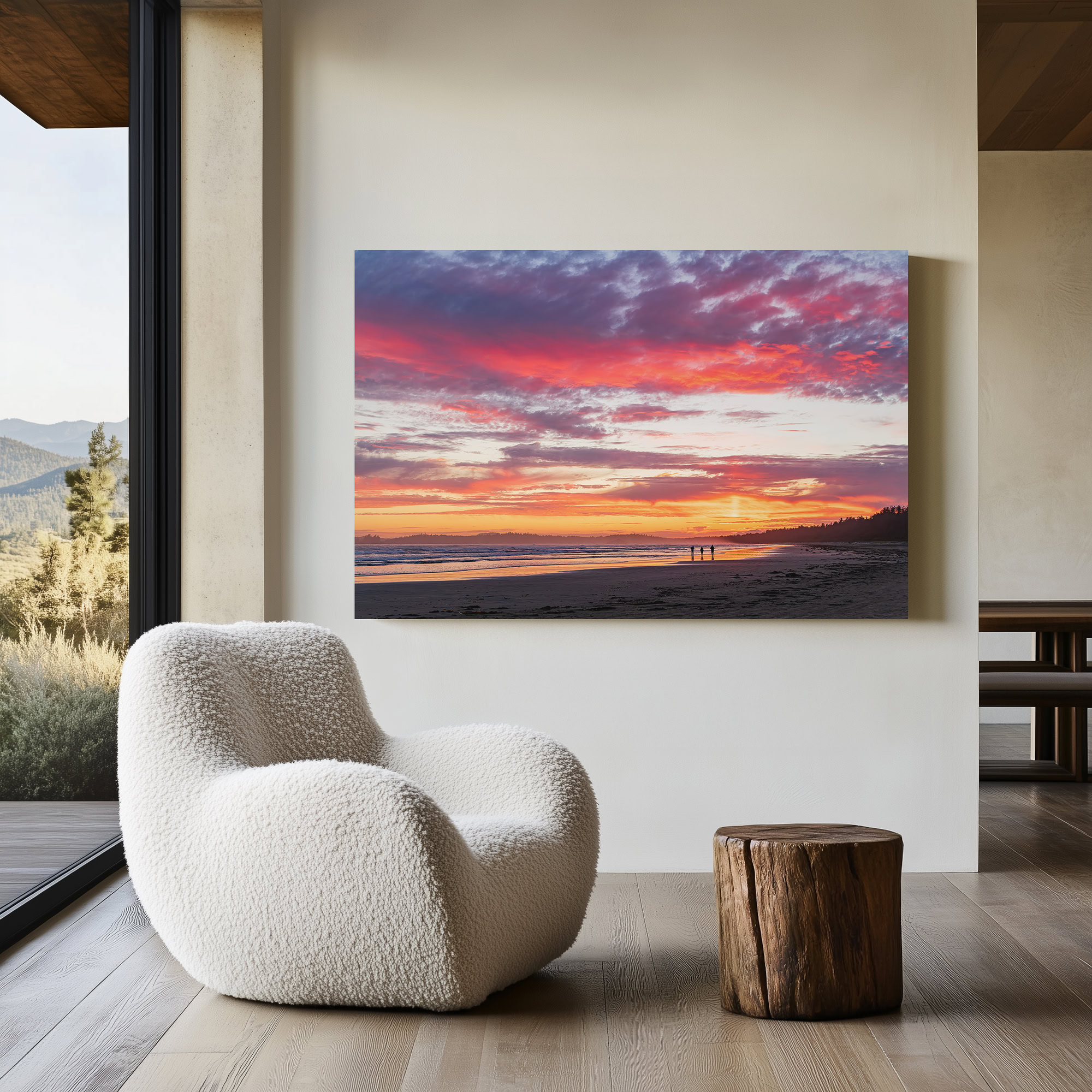 Pink Clouds Over Long Beach Tofino print shown on the wall in a living room.