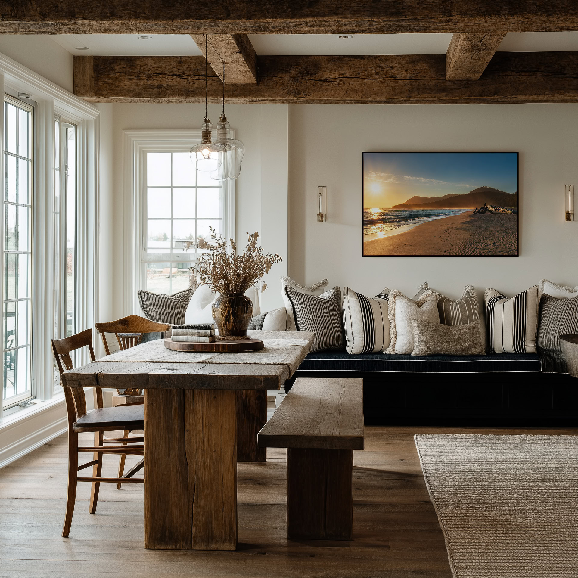 Raft Cove Beach at Sunset print shown on the wall in a dining room.