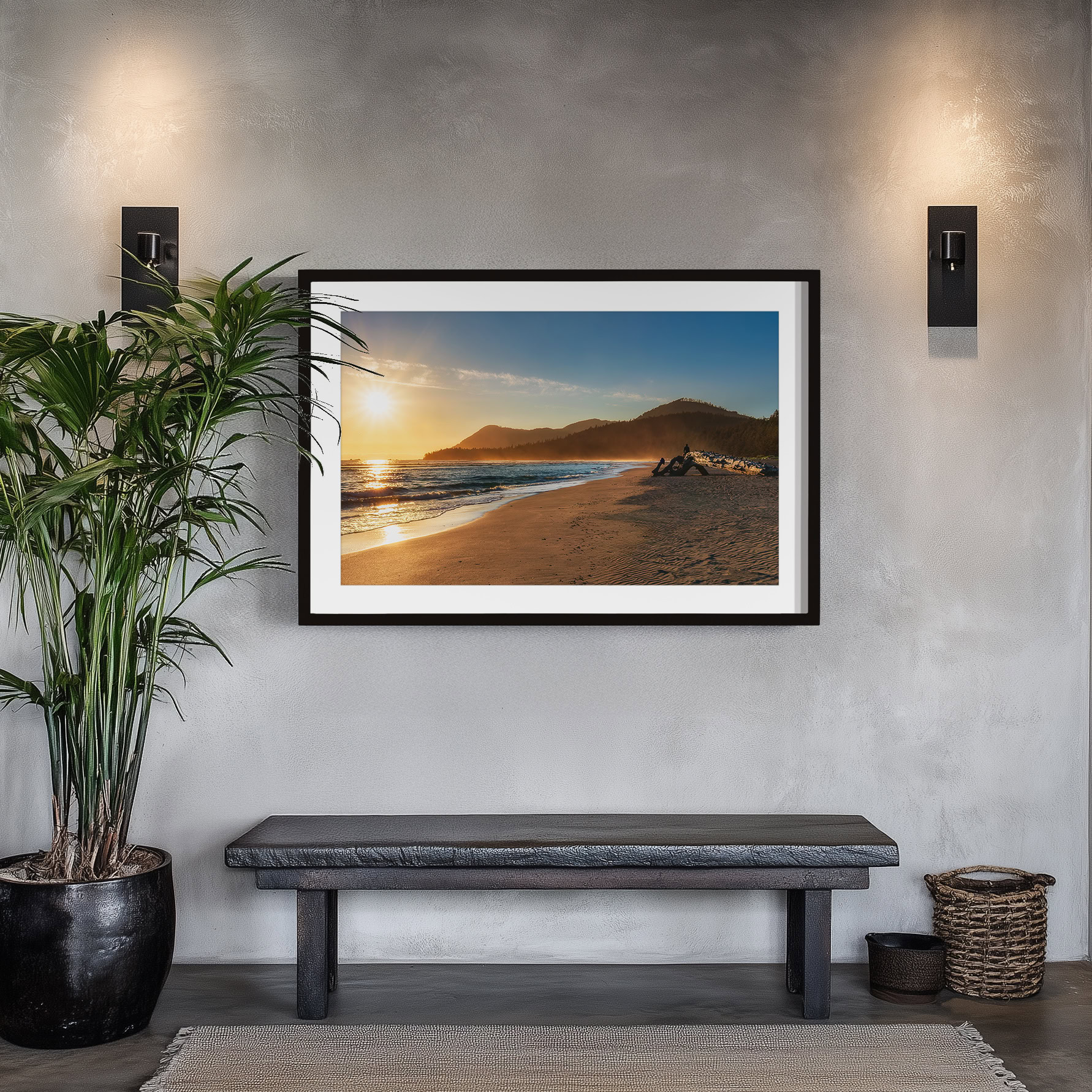 Raft Cove Beach at Sunset print shown on the wall in an entryway.