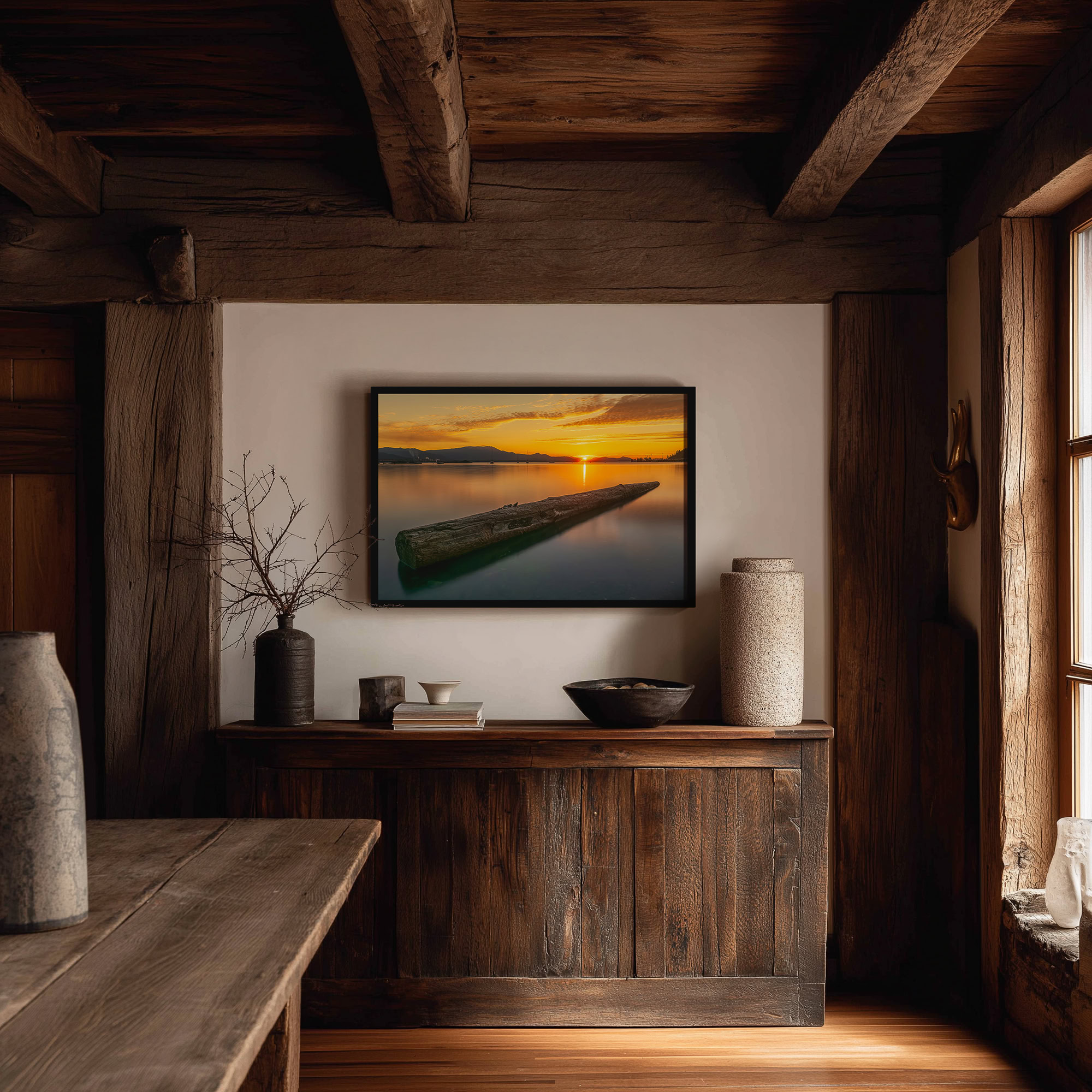 Salt Spring Island Calm at Vesuvius Bay print shown on the wall in a styled room.